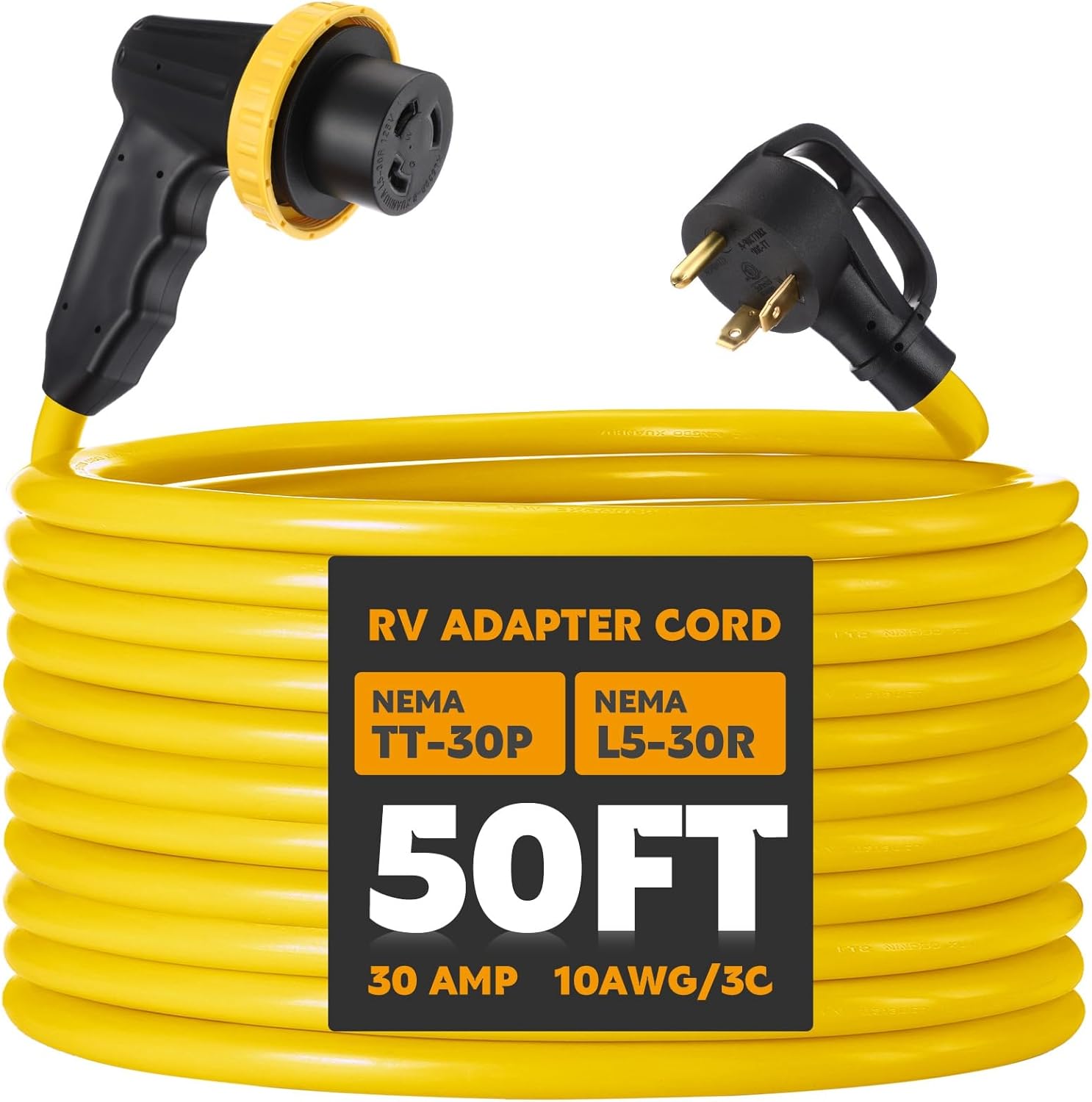 Kanayu 10ft 30 Amp RV Adapter RV Extension Cord with Locking Connector Plug NEMA TT-30P to L5-30R, Generator Extension Power Cord Adapter Plug with 90° Grip Handle, 10AWG/3C STW, ETL Listed