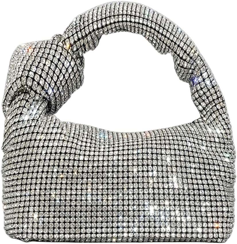 Bling Full Glitter Knotted Handbag for Women Crystal Rhinestone Hobo Dumpling Bag Diamond Evening Clutch Crossbody Bag