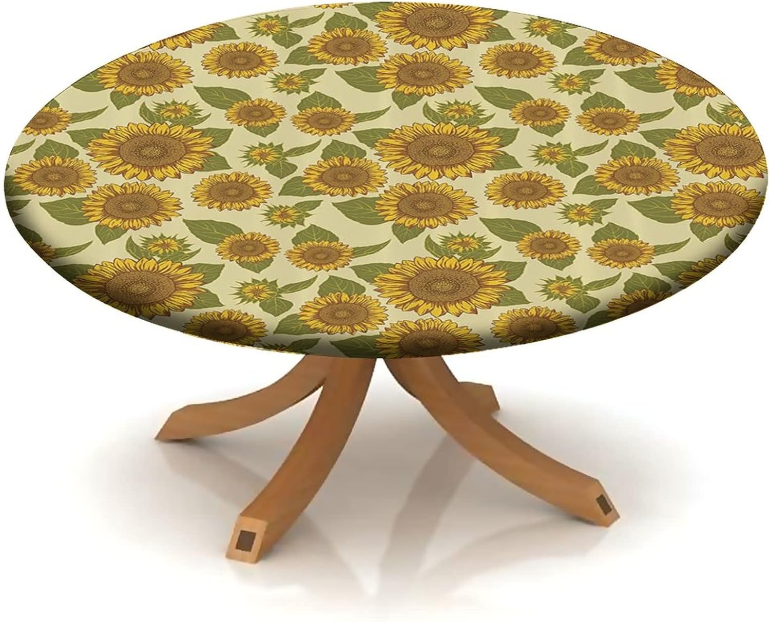 Sunflower Round Fitted Tablecloth, Elastic Edged Table Cloth for Kitchen Dining, Vintage Art Print Stain Proof Polyester Tablecloths for 48"-52" Table, Green Yellow