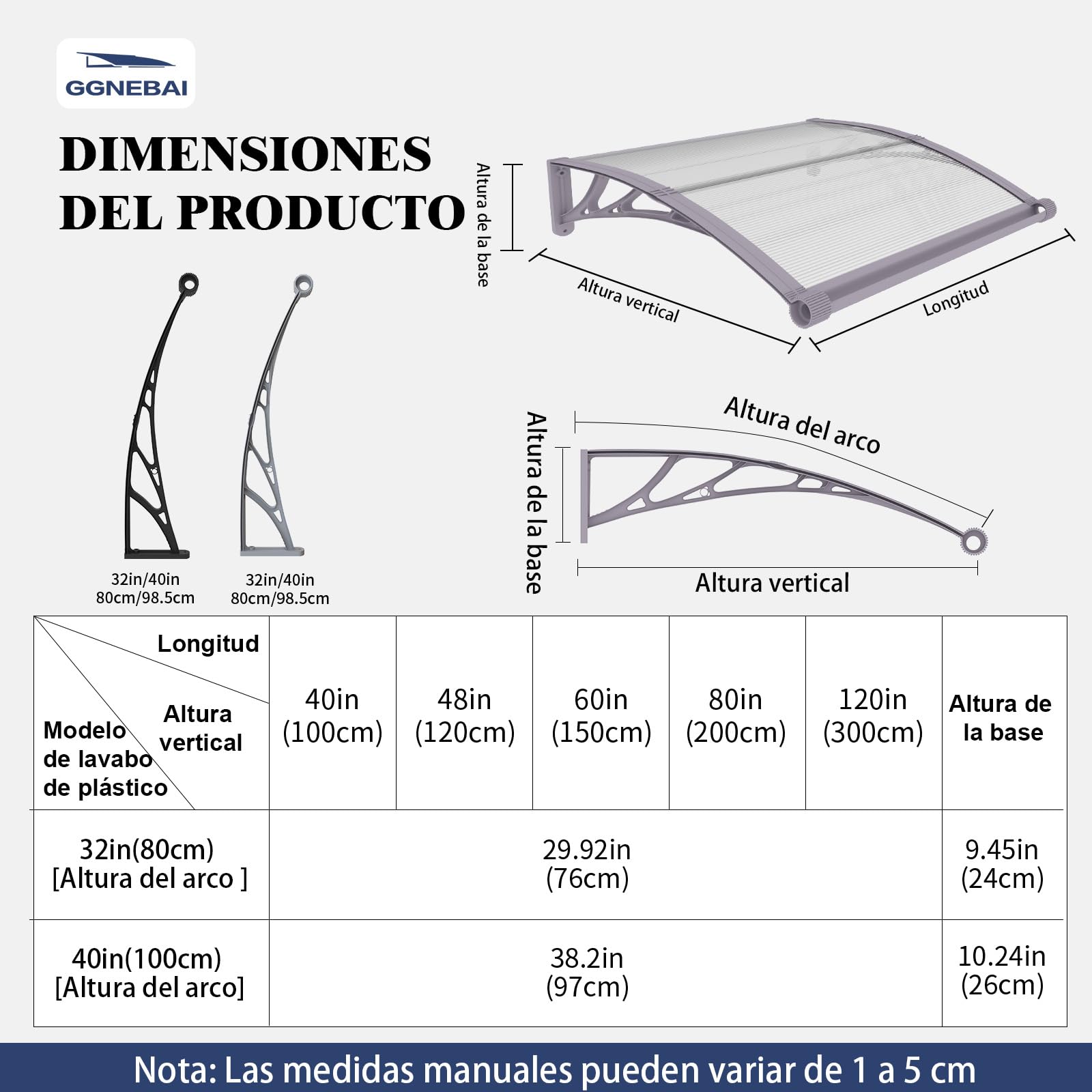 Marquesina para Puerta Exterior 100x80 CM,Tejadillo de Protección con Fregadero de Drenaje contra Lluvia y Rayos UV,Cubierta de Policarbonato para Puertas,Ventanas,Porches,Patios y Terrazas