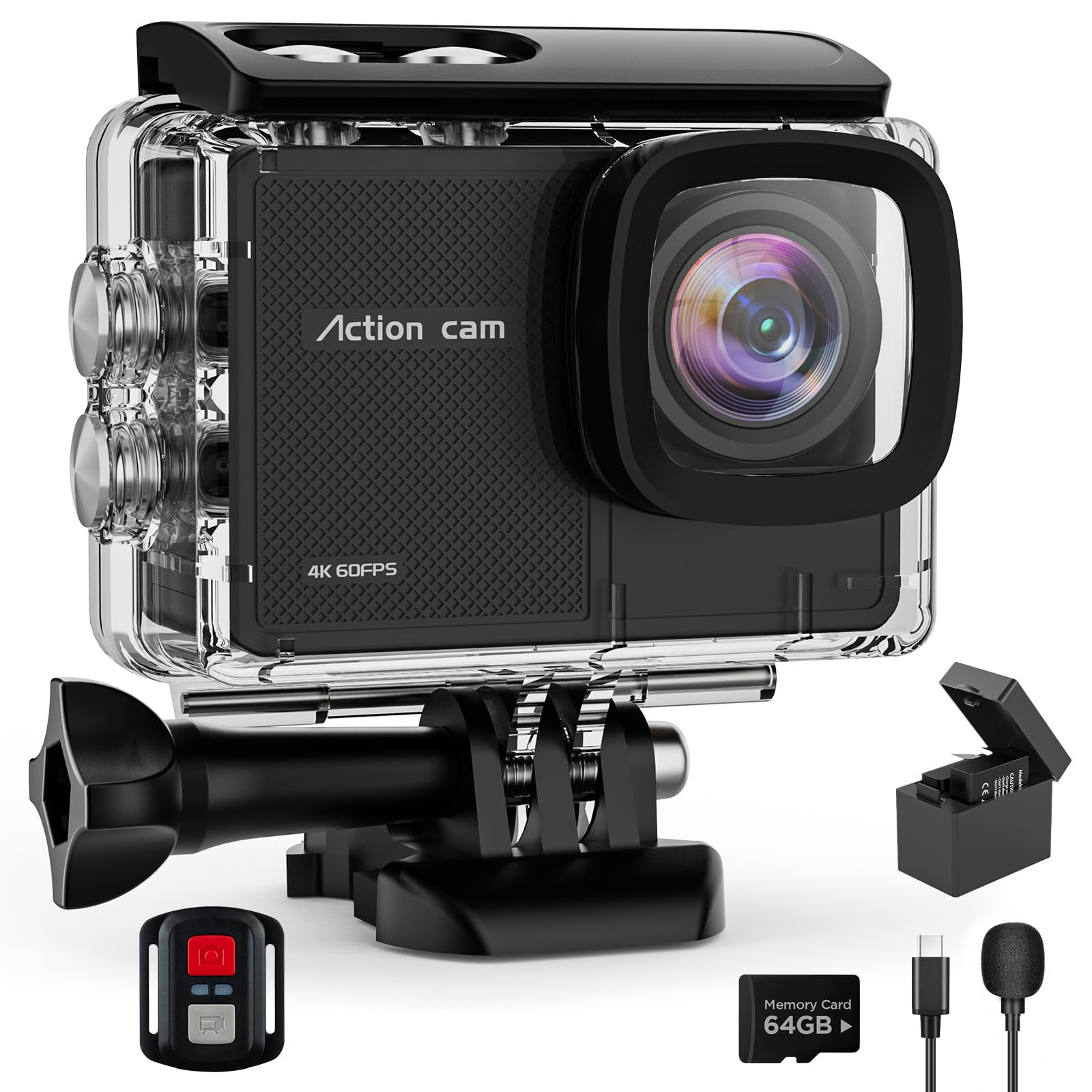 Yolansin Action Cam 4K 60FPS, 48MP Camera con 64GB MicroSD 40M Fotocamera Subacquea Videocamera Impermeabile WIFI Cam 170° Sports Cam, Telecameracon 2.4G Remote Control 2x1350mAh Batterie Accessori