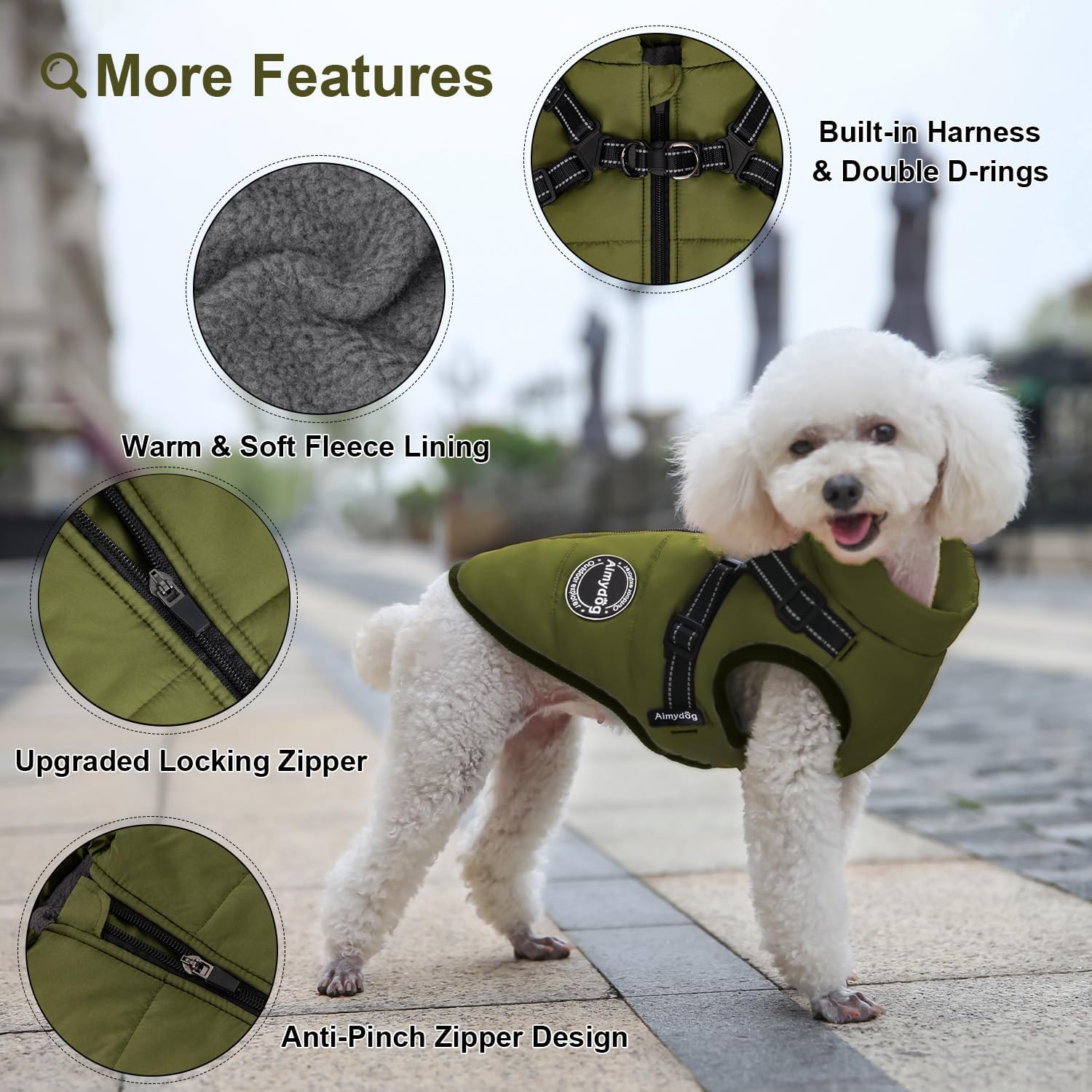 Warm Dog Winter Coat, Fashion Sports Cold Weather Jacket with Built-in Harness, Reflective & Adjustable Comfortable Pet Vest, Windproof Apparel for Small Medium Large Dogs (Green) - Image 3