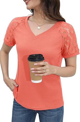 Miniatura 3 de Jouica Blusa de manga corta con encaje y cuello en V para mujer, holgada, informal, de punto gofre