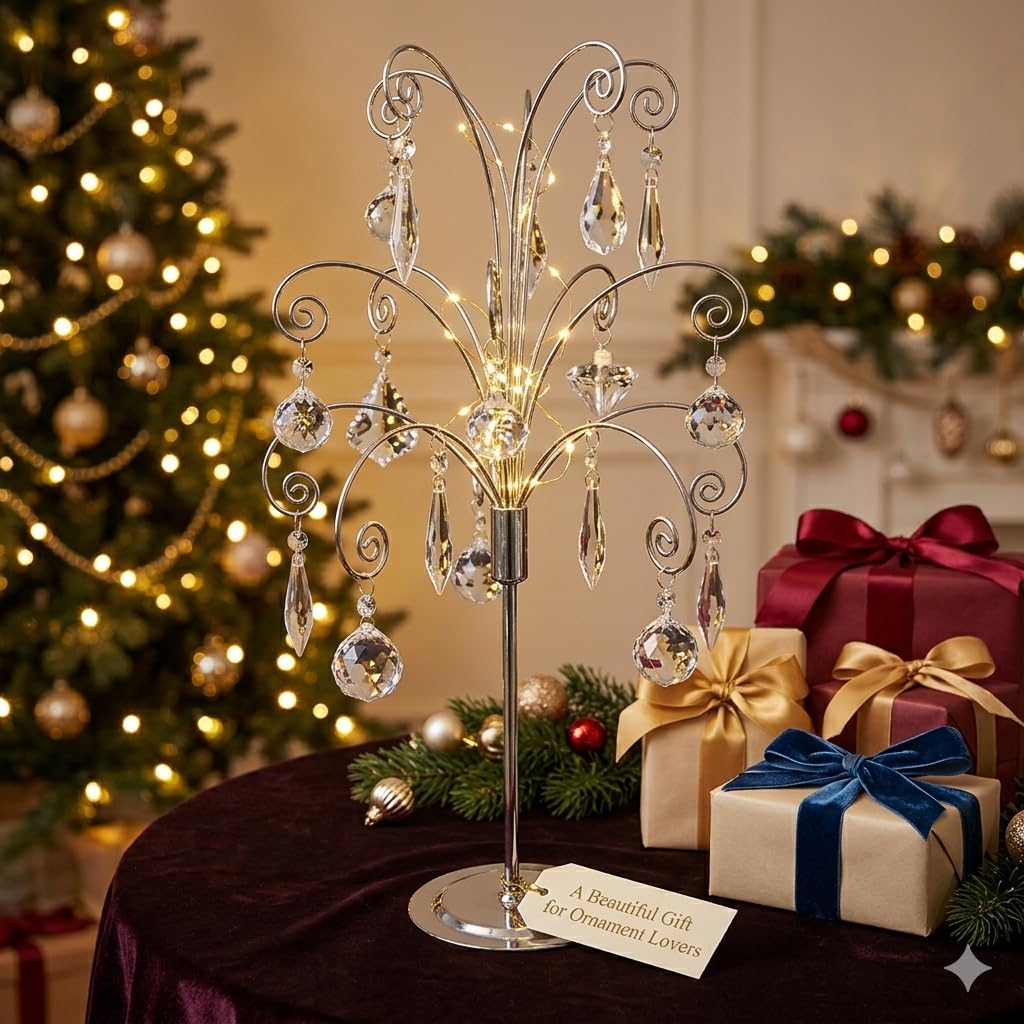 HOHIYA 50 cm Ornament Präsentationsständer Metall mit 15 Haken Silber | Eleganter Metallständer für Kristall-, Glas- und Weihnachtsornamente mit stabiler Basis für stilvolle Dekoration.