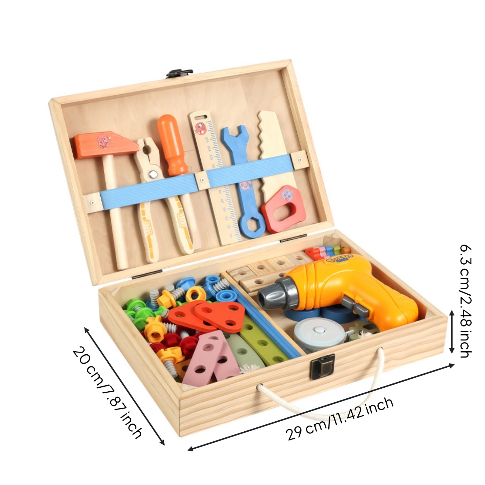 rockible Cassetta Degli Attrezzi per Bambini Kit Costruzione Ingranaggi Dadi Bulloni Martello Avvitatore Giocattolo in Legno E Plastica con Scomparti Ordinati