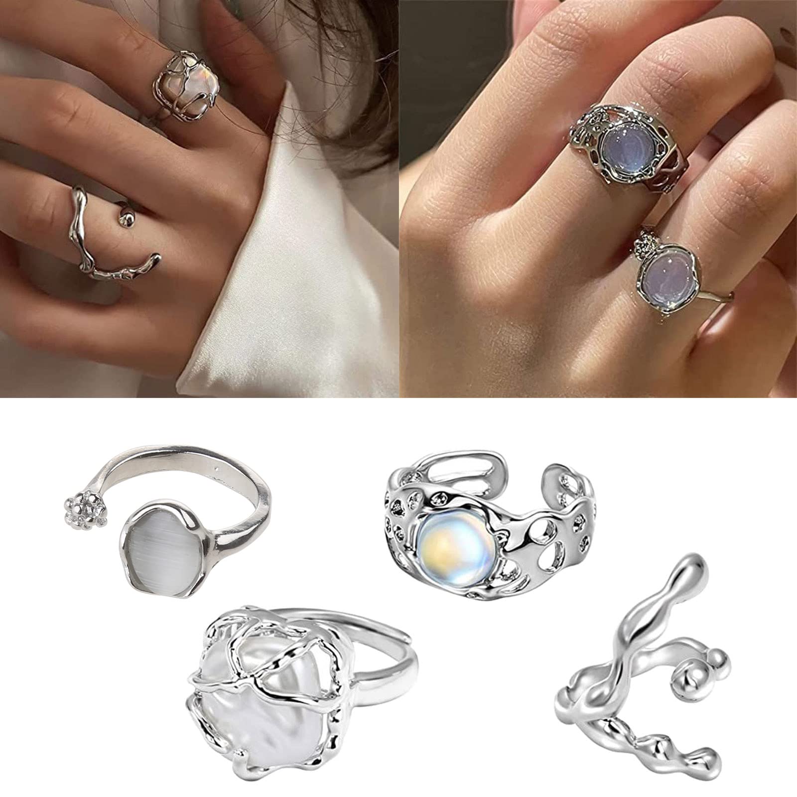 YOUNAFEN Korean Crystal Ring for Women Shining Opal Irregular Open Rings Vintage Geometric Y2K Trend Fashion Finger Jewelry