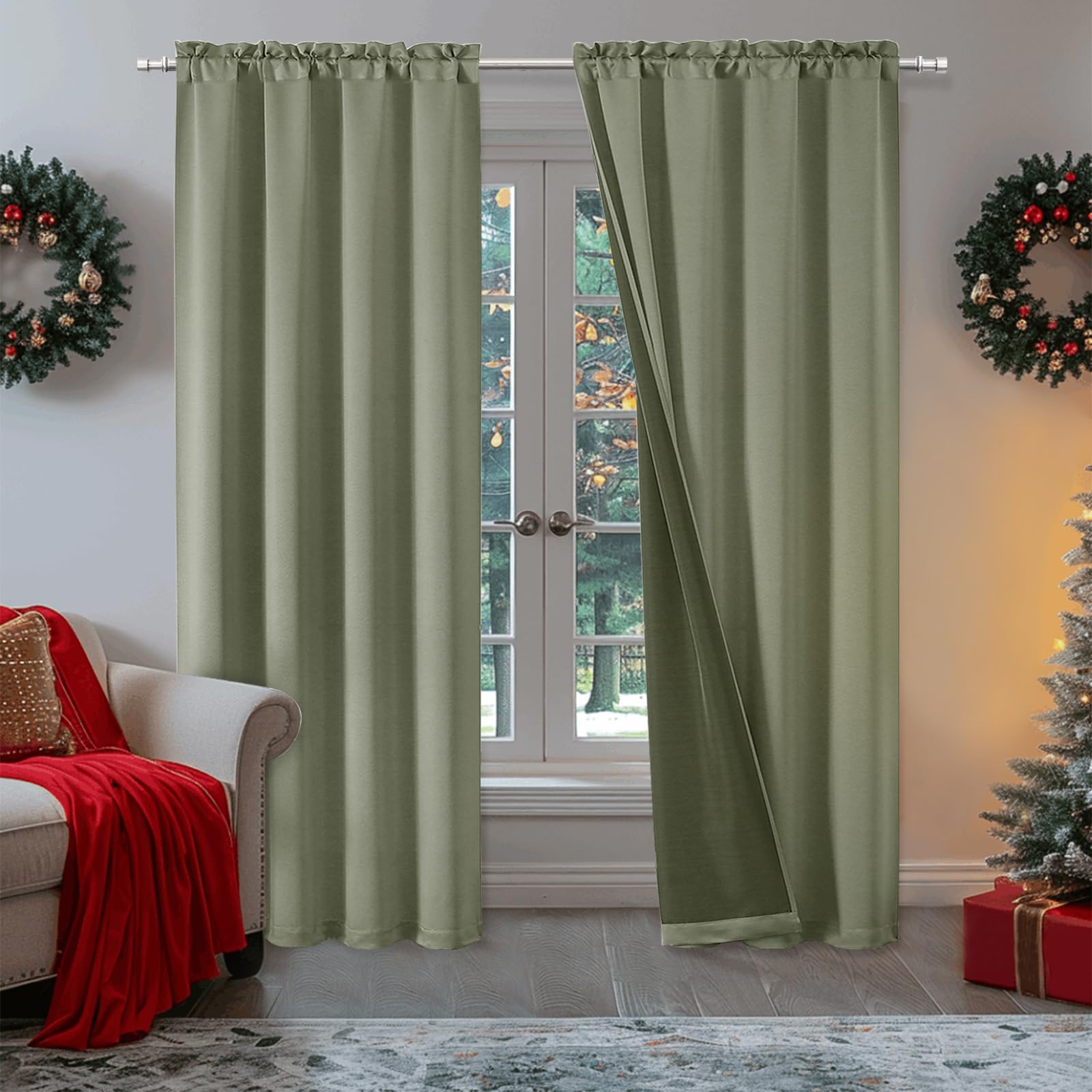 OWENIE Heidi Sage Green Curtains for Living Room 63 Inch Length 2 Panels Set, Light Filtering Solid Curtain for Bedroom, Rod Pocket Window Curtains & Drapes, 2 Pcs Each 40" W 63" L