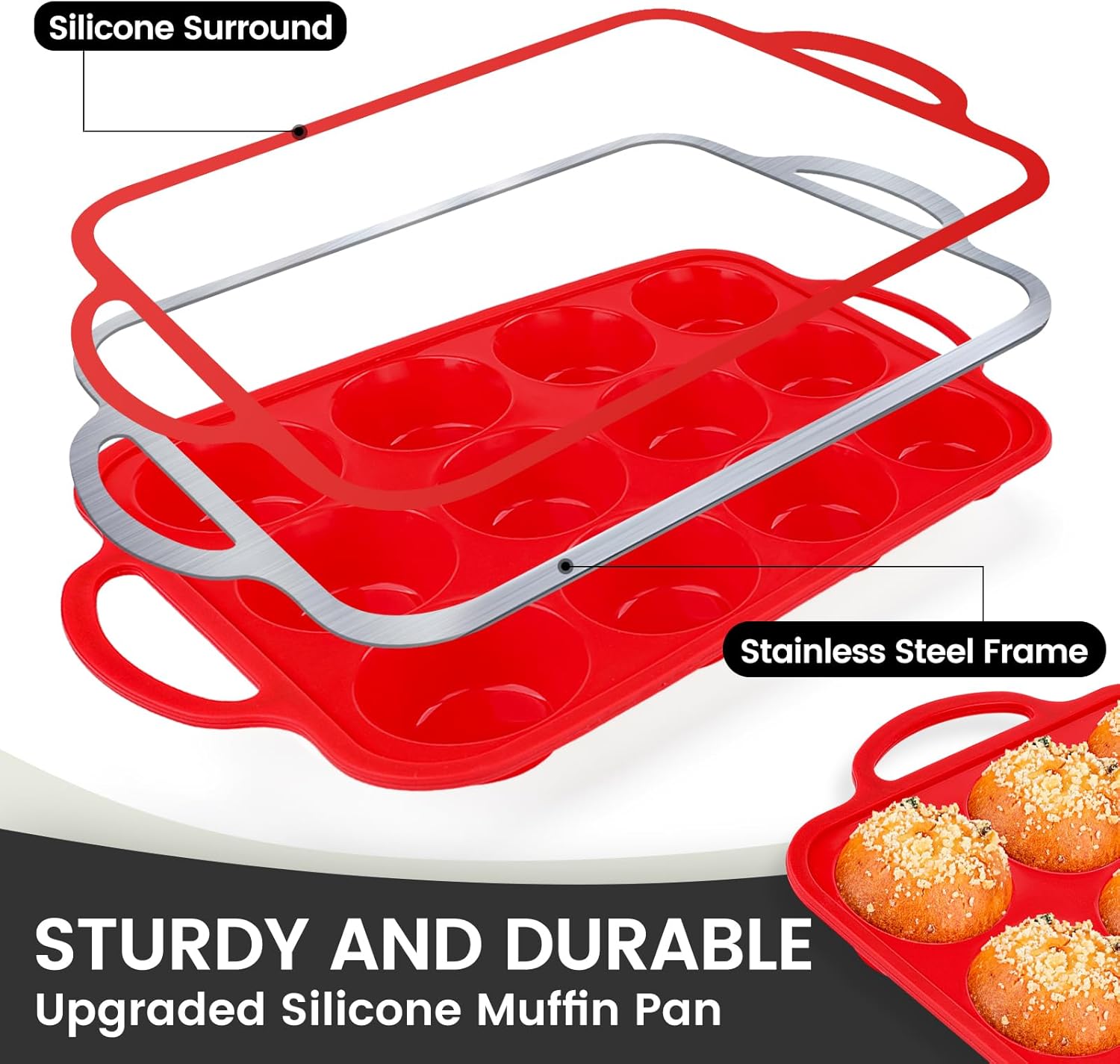 ベーキング用シリコンマフィンパン1点パック、金属製強化フレーム付き、レギュラーサイズカップケーキパン12カップ、BPAフリーシリコー