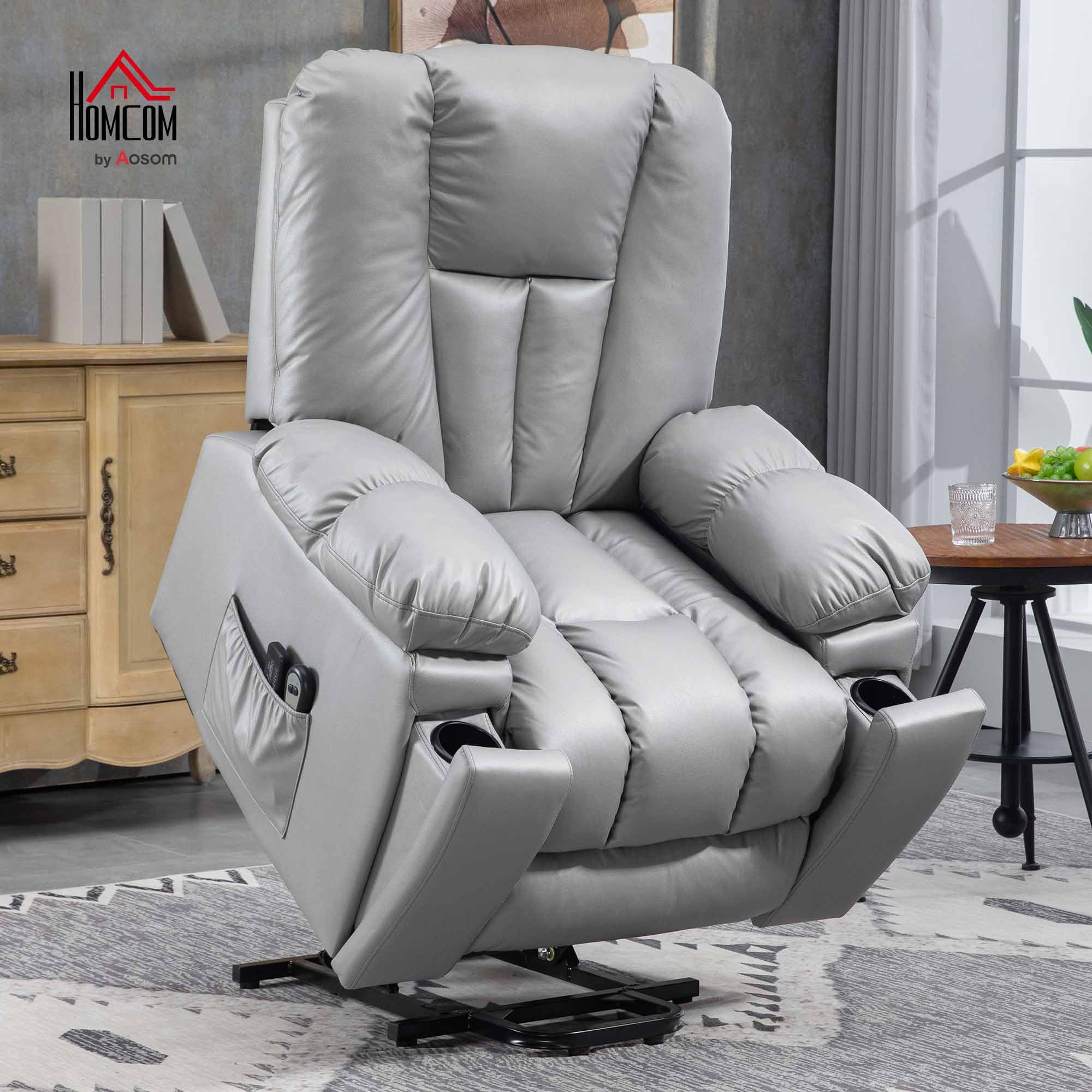 HOMCOM Poltrona Alzapersona Elettrica Reclinabile con 8 Punti Massaggianti e Telecomando, Poltrona Moderna in Microfibra, 94x96x106 cm, Grigio