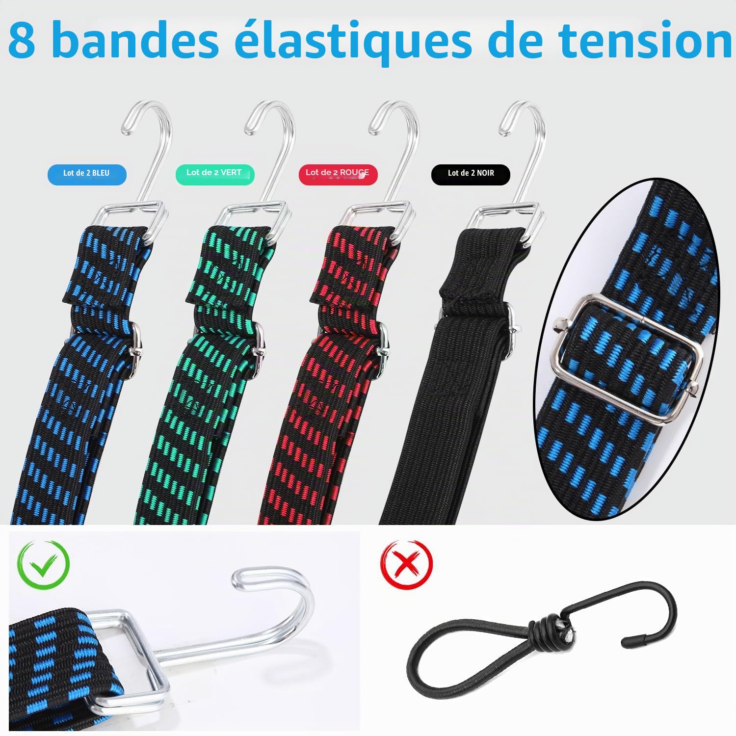 Tendeurs Elastique avec Crochets 8 pcs, 2M Plat Tendeur de Bagages, Réglables Tendeur Bagages, 2,5 Fois l'élasticité avec Doubles Crochets pour Transport de Bagages Voiture Moto Camping