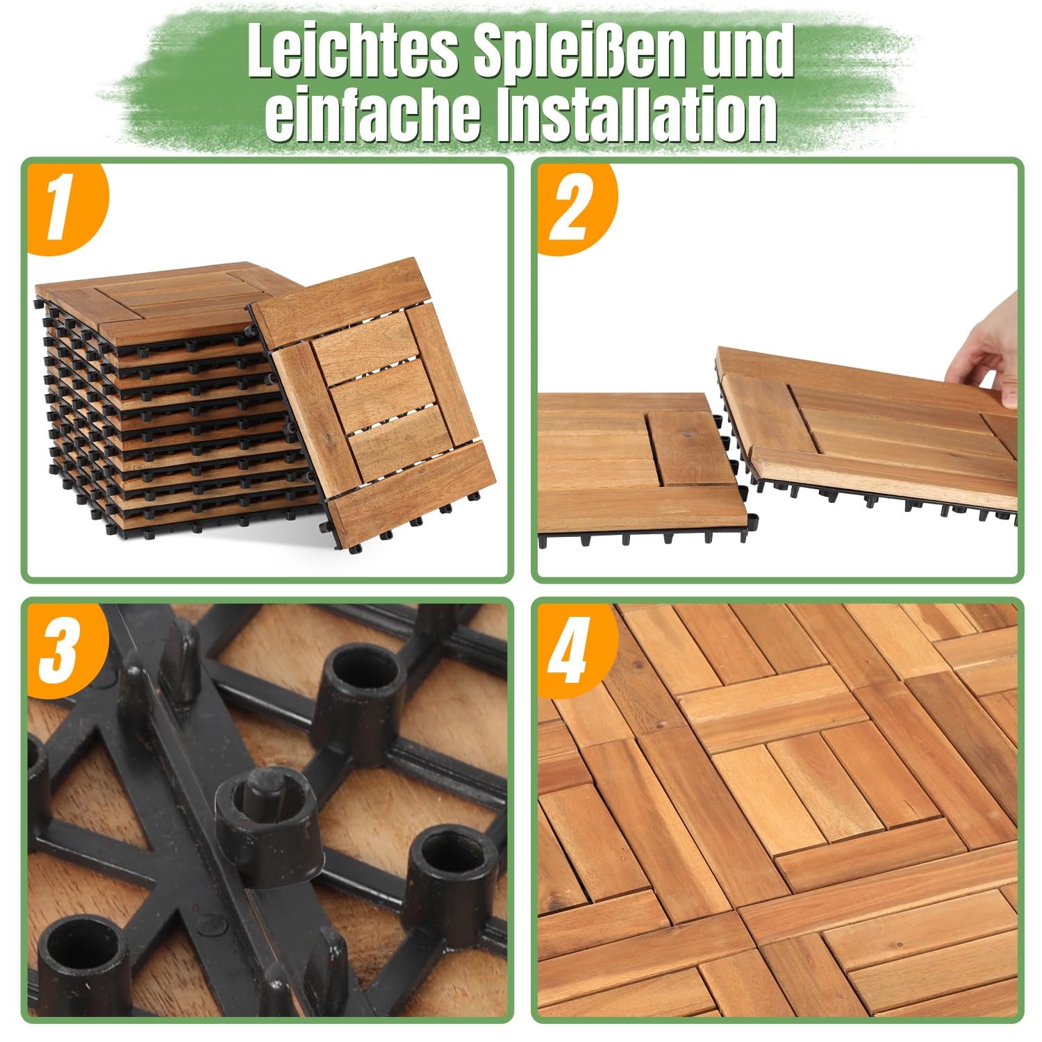 Piastrelle in legno per terrazze, piastrelle per balcone in legno di acacia 30x30 cm con sistema di clic, 7 doghe, 11 pezzi (1 m²), rivestimento per esterni resistente agli agenti atmosferici