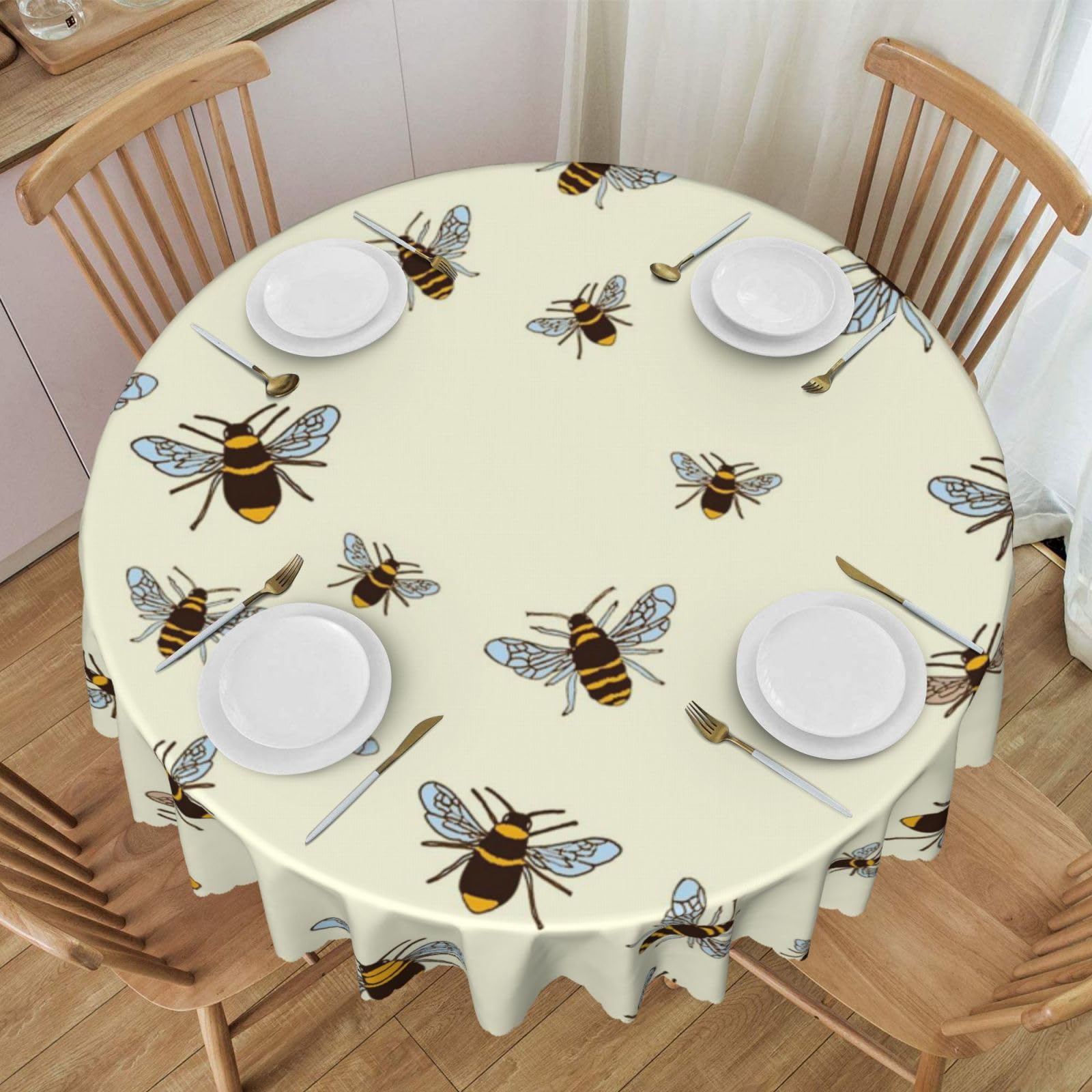 DCEHGEW 60 In Round Tablecloth with Lace, honey bees Printed Oilproof & Washable Fabric Picnic Table Cloth Table Covers
