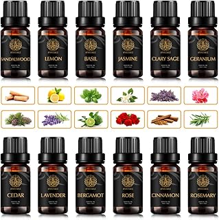 Aromatherapy Geranium Essential Oil Set for Diffuser, 100% Pure Jasmine Essential Oils Kit - Bergamot, Cedar, Lemon, Rose, Rosemary, Sandalwood, Basil Oil, 12x10ml Therapeutic Grade Essential Oil Kit
