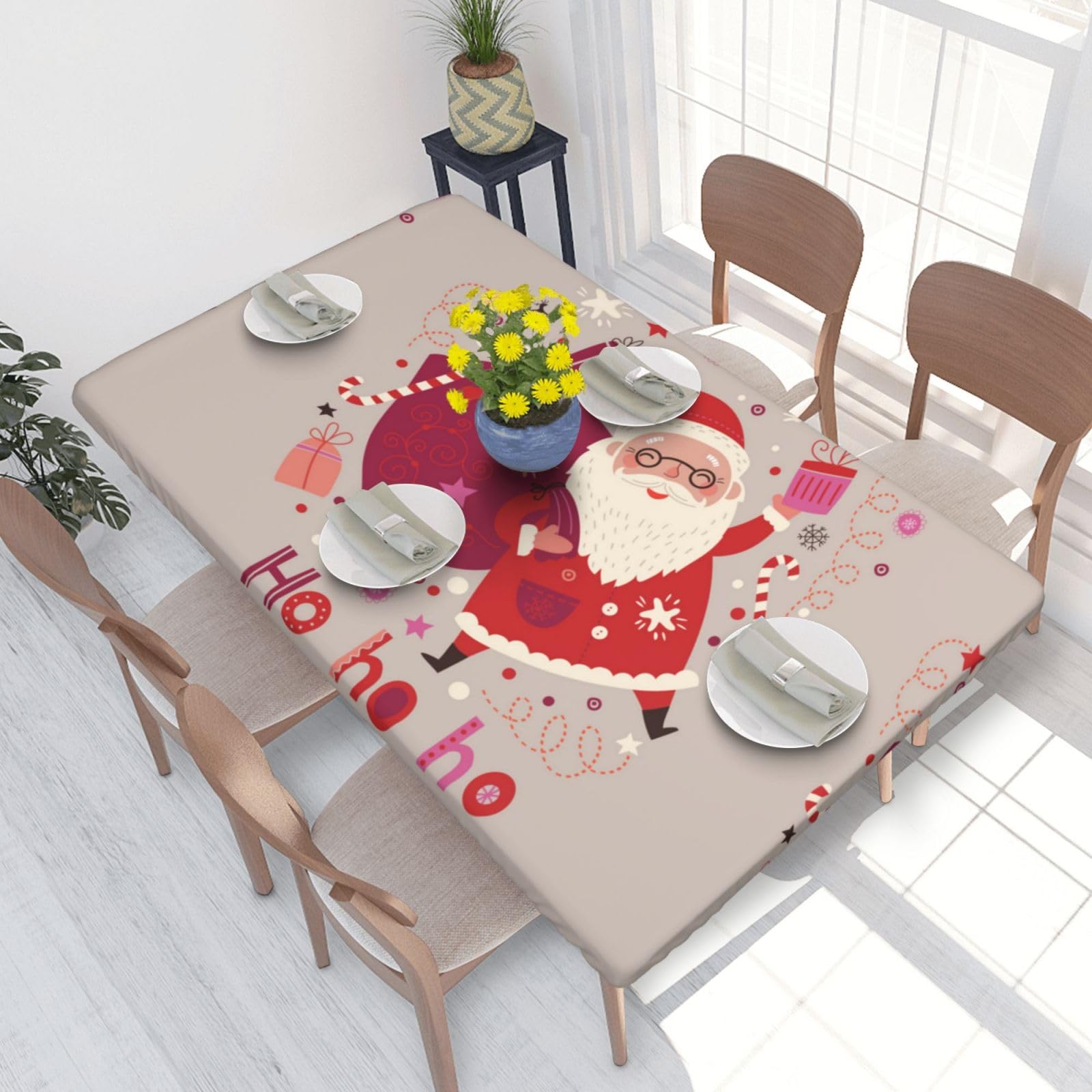 BeNtli Tablecloth,Waterproof Fitted Table Cloth Elastic Edged Table Cover 4FT for Kitchen,Christmas Santa