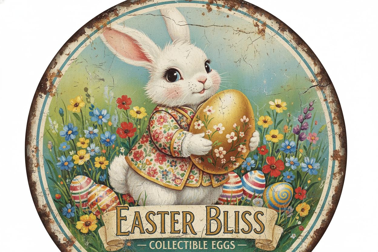 Rabbit Easter Egg Round Metal Tin Sign Vintage Wall Art for Home Farmhouse Kitchen Living Room 12x12inch