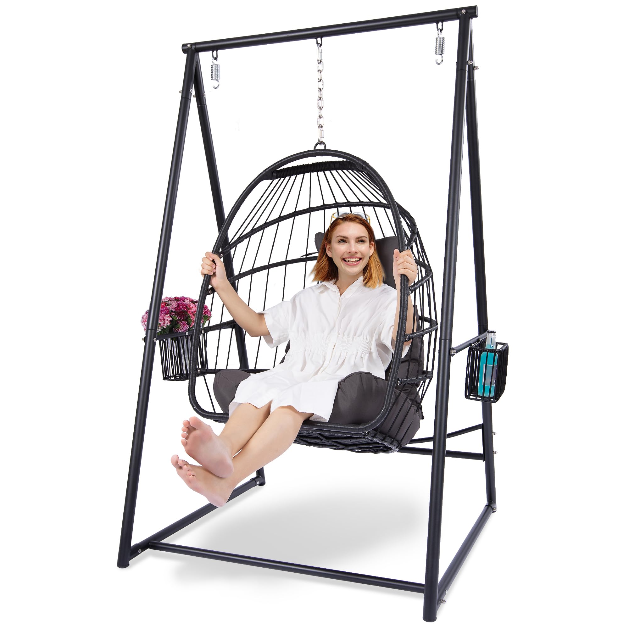 YOXIFOC Reinforced Base & Triangular Structure Hammock Stand with 2 Storage Baskets, Swing Stand with 3 Hooks Fit for Most Hanging Chair for Oudoor&Indoor (Stand Only) (Black)