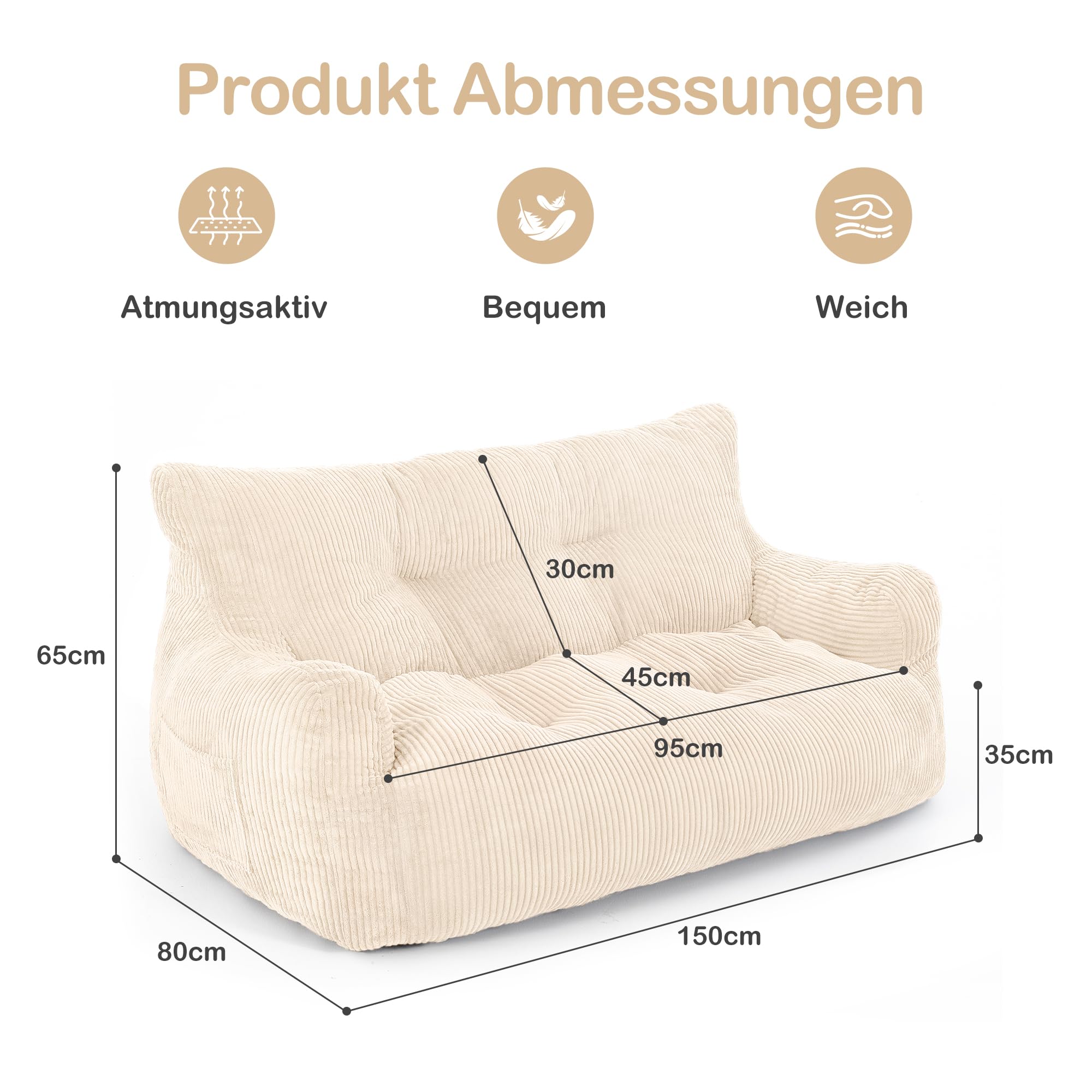Pamapic Sitzsack, Sitzsack Erwachsene mit Füllung, Doppeltes Lounge Sessel mit Tragbarem Griff, Modernes Ergonomisches BeanBag, Indoor Sitzsäcke Stuhl für Wohnzimmer, Schlafzimmer, Spielzimmer, Beige
