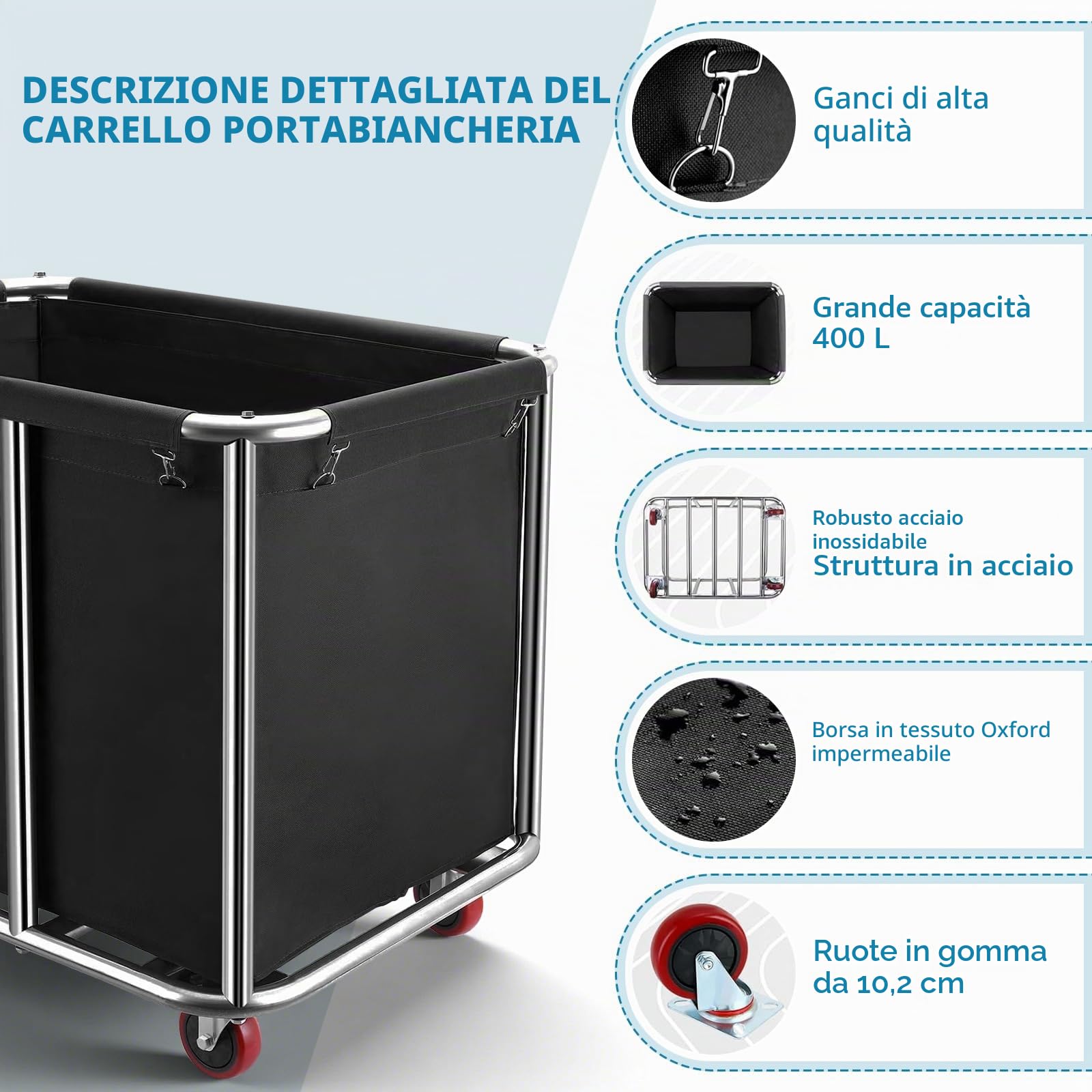 Carrello portabiancheria in acciaio inox, carrello per la biancheria commerciale, grande, commerciale, in acciaio inox, con ruote, pieghevole, per la casa e l'hotel, 90 x 65 x 80 cm
