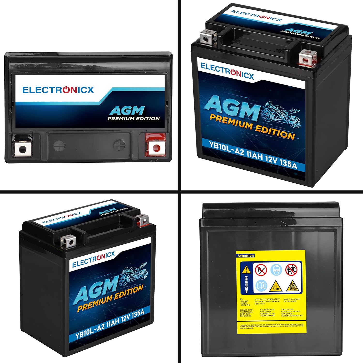 Electronicx batería de moto AGM YB10L-A2 12V 11Ah – batería de arranque sellada sin mantenimiento, tecnología AGM 135A CCA – scooter, quad, ATV – compacta, resistente a vibraciones, lista para usar