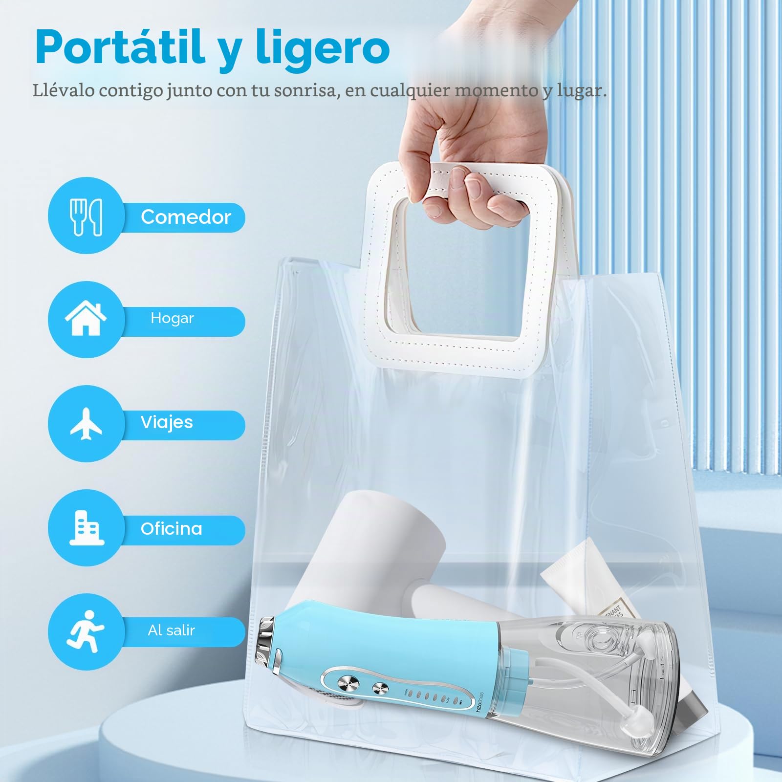 H2ofloss Irrigador dental de agua portátil inalámbrico, 5 modos IPX7 impermeable, irrigador bucal recargable de 300 ml para limpieza de dientes, azul cielo