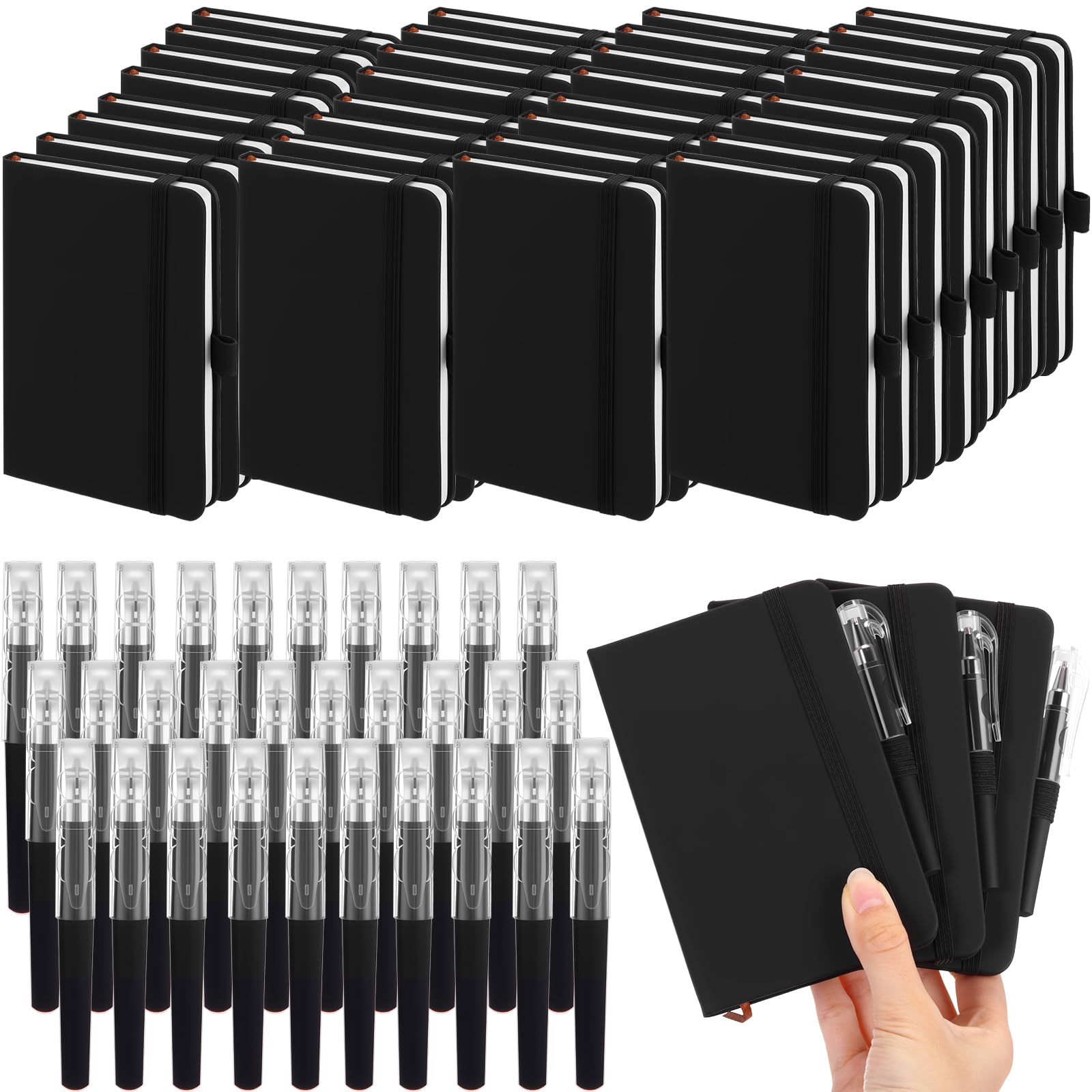 Sayglossy 50 Pack Pocket Small Notebook Journals with Pen 5.6'' x 3.7'' Mini Journaling Notepads A6 Ruled Journals Hardcover Lined Notebook Bulk with Pen Holder for Office School Memo(Black)