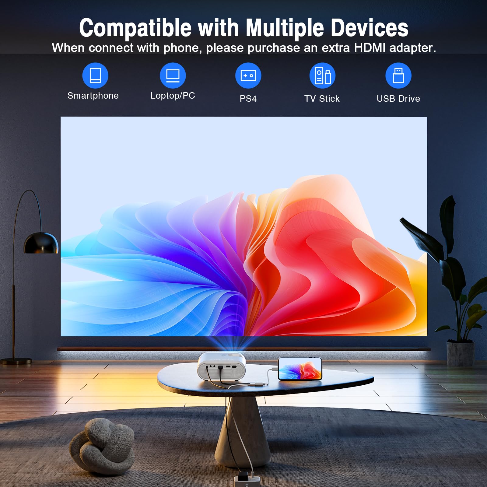 Videoproiettore con treppiede, VISSPL 16000Lux Mini proiettore video supporta Full HD 1080P, zoom 50%, correzione Keystone, Retroproiettore compatibile con HDMI, USB, AV, iOS, Android, PC, TV Stick