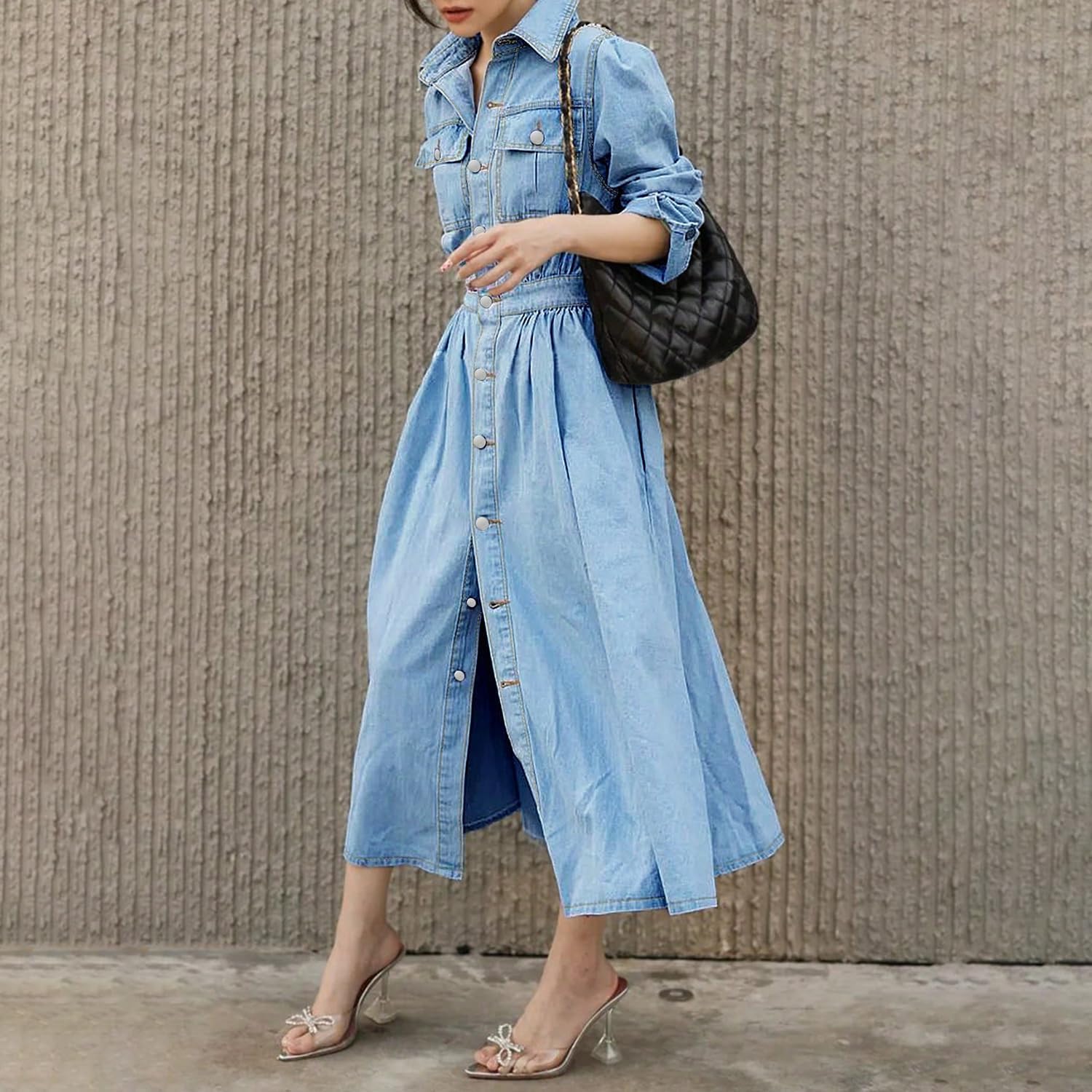 Denim Shirt Dress for Women Short Sleeve Casual V Neck Long Bottom Down Jeans Dresses with Pockets - Image 2