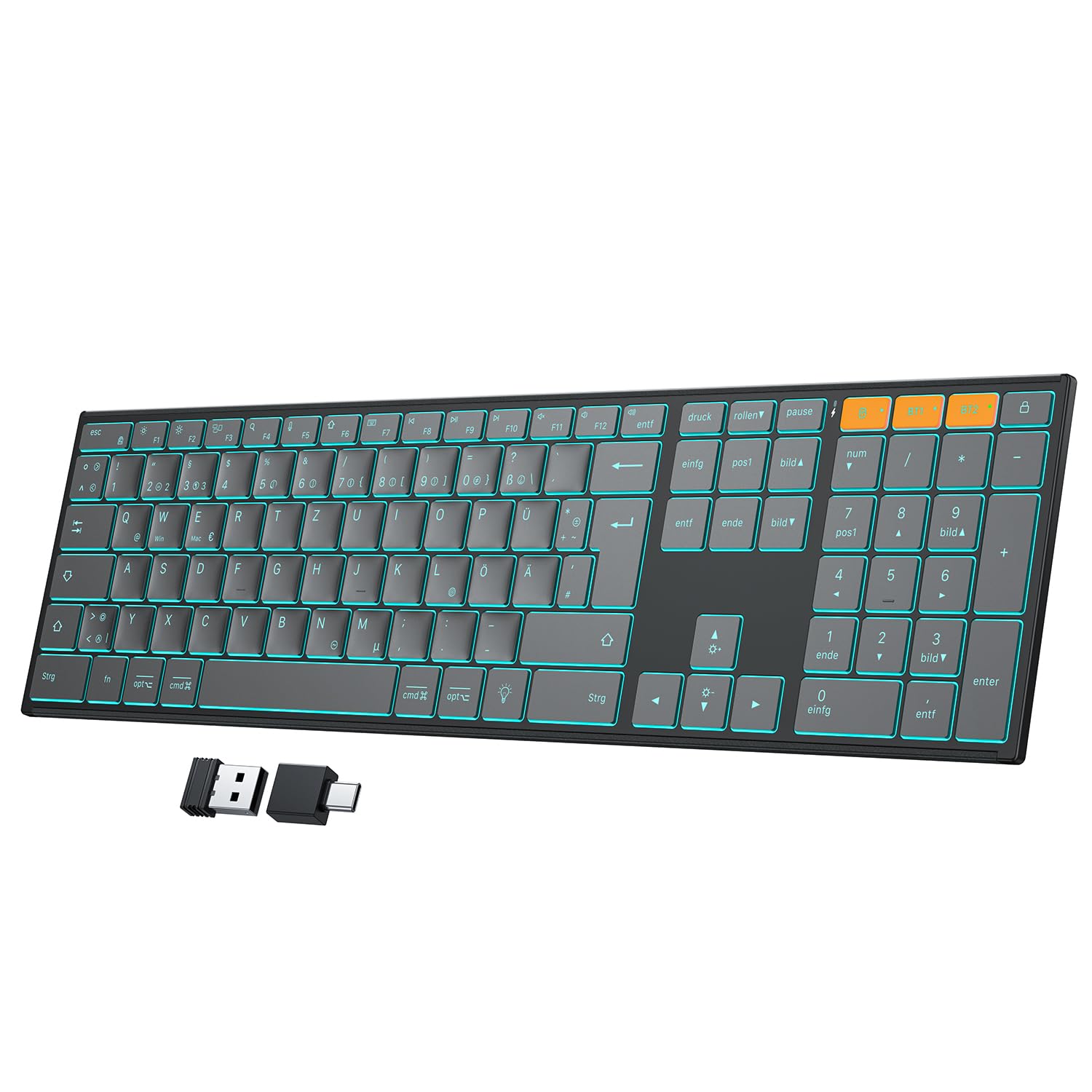 OMOTON Kabellose Tastatur Beleuchtet, Bluetooth + 2,4G, Graphit | Metallgehäuse, Wiederaufladbare, Multi-Device, Funktastatur Leise, Ergonomische, Deutsches QWERTZ Layout für Windows PC/MAC