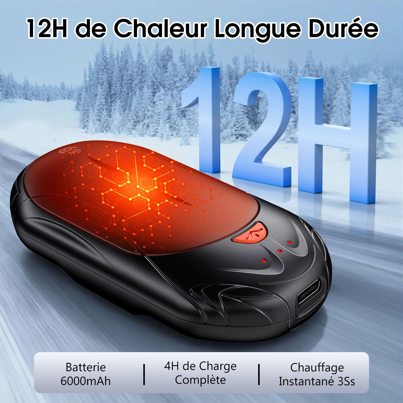 Chauffe Main Rechargeables 2 en 1, 6000mAh Chaufferette Main Reutilisable USB 2PCS, Sûr et Fiable, Chauffe-Mains 3 Modes de Chauffage pour Camping, Sports de Plein Air en Hiver Cadeau de Noël