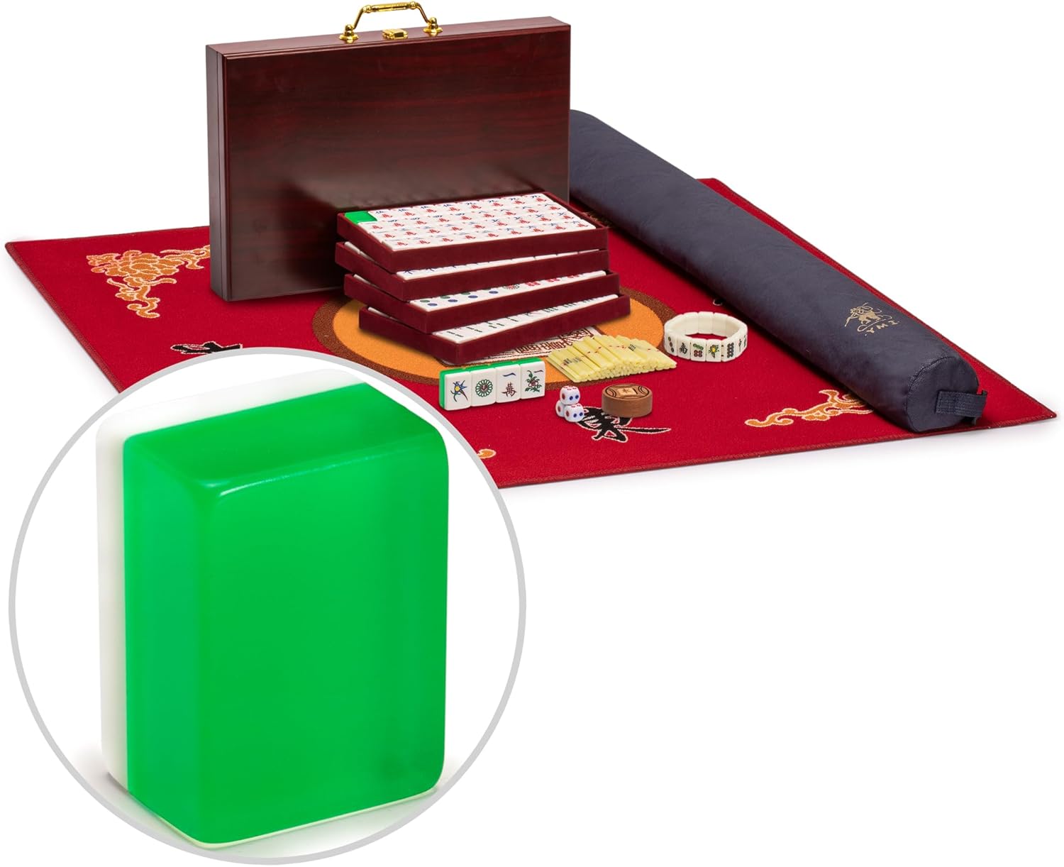 Yellow Mountain Imports Mahjong Bundle - Classic Chinese Mahjong Game Set, “Emerald” with Mahjong Mini-Tiles Bracelet and Red 31.1-inch Table Cover