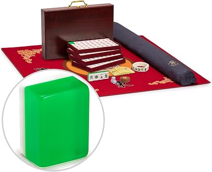 Yellow Mountain Imports Mahjong Bundle - Classic Chinese Mahjong Game Set, Emerald with Mahjong Mini-Tiles Bracelet and Red 31.1-inch Table Cover