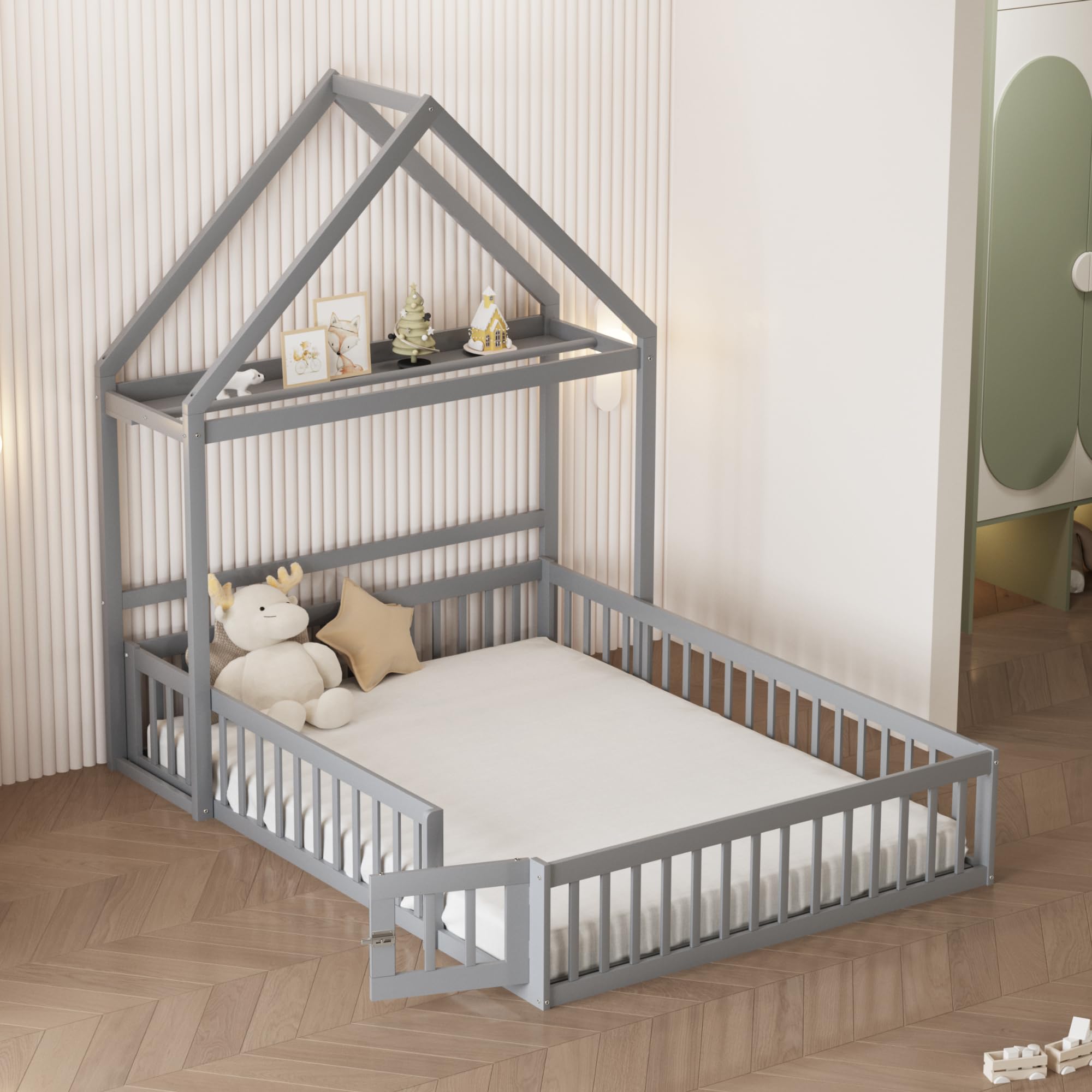 Merax Lit Enfant 140x200 cm Cabane au Sol avec Protection Antichute Sommier à Lattes Gris