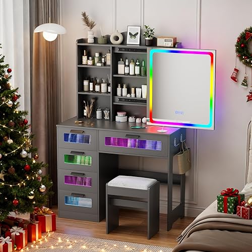 Miniatura 12 de Gurexl Escritorio RGB con espejo deslizante y luces LED, 7 dinámicos y 24 estáticos regulables con parte superior de cristal, tocador con estación