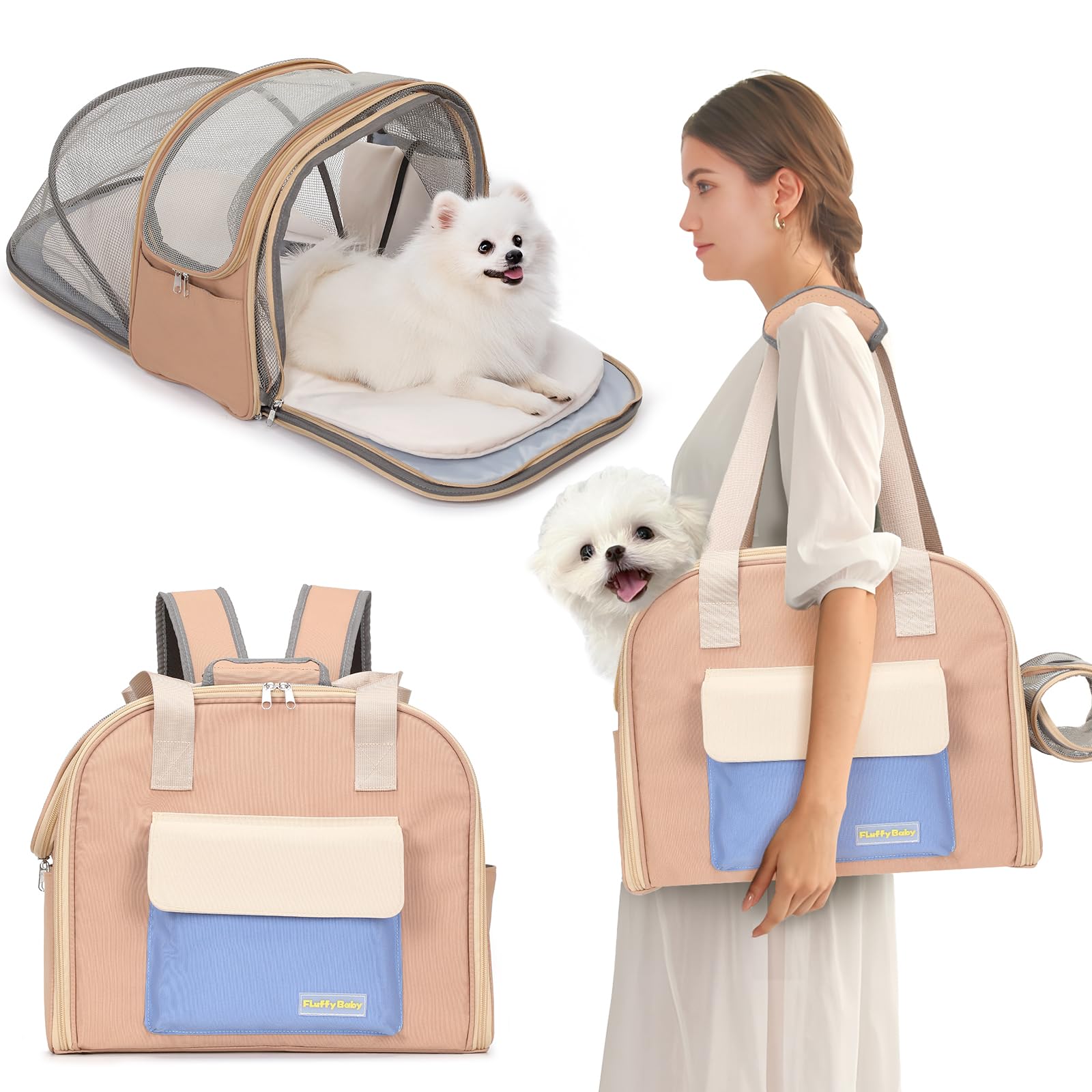 Expandable Cat & Small Dog Carrier Backpack, Soft-Sided Airline-Approved Pet Travel Bag with Dual-Side Expansion, Under-Seat Fit, Breathable Mesh, for Hiking, Vet Visits & Trips (Up to 22 lbs)