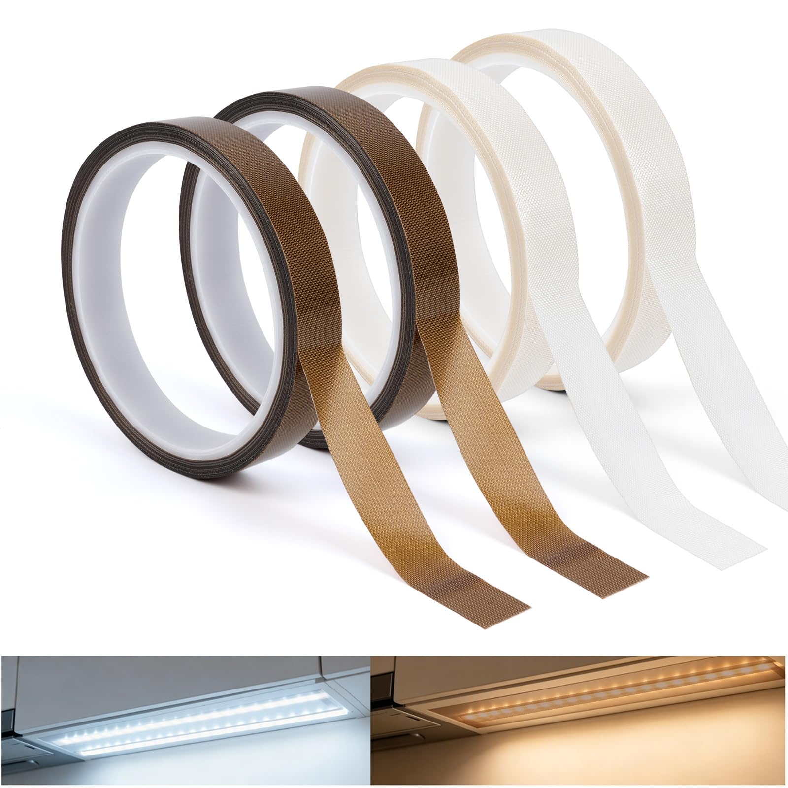 CAIYUANGUANGJIN LED 4 Roll Light Soften Tape, Heat Resistant PTFE Light Diffuser Tape for LED Strips, 1.5cmx10m Lights Blocking Strips Dimming Cover for Cabinet, TV Backlight, Kitchen(Brown, White)