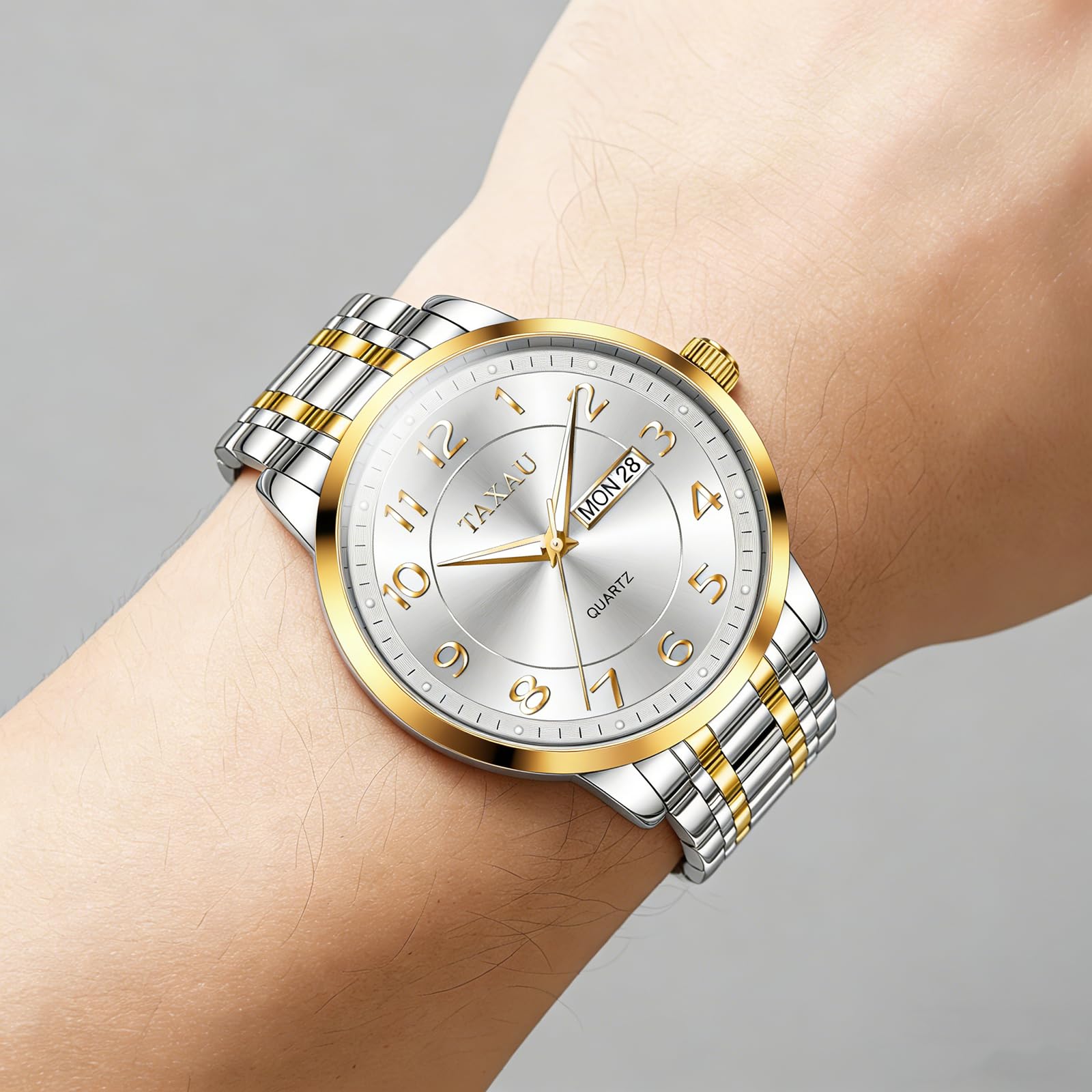 Taxau Herren Armbanduhr Quarz Analog Klassische Herrenuhr mit Edelstahlarmband und Datumsanzeige,30M Wasserdicht Elegante Business Uhr für Büro,Freizeit,Geschenk für Männer
