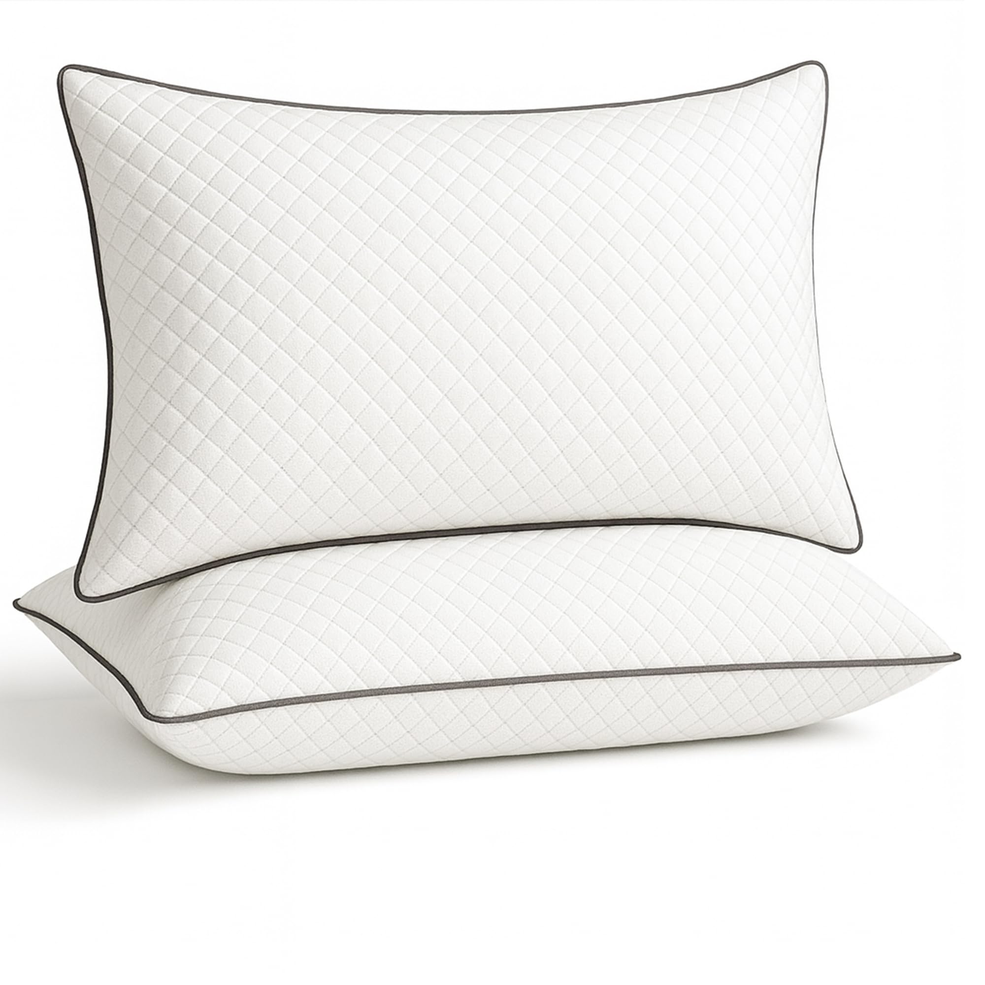 Iyan Soft Furnishing Grey Ultrasonic Quilted Pipiing Hollowfibre Pillows 2 Pack – Luxury Firm & Plump Bed Pillows For Sleeping, Hypoallergenic Down Alternative Bounce Back, Side & Stomach Sleepers, Dust Mite Resistant