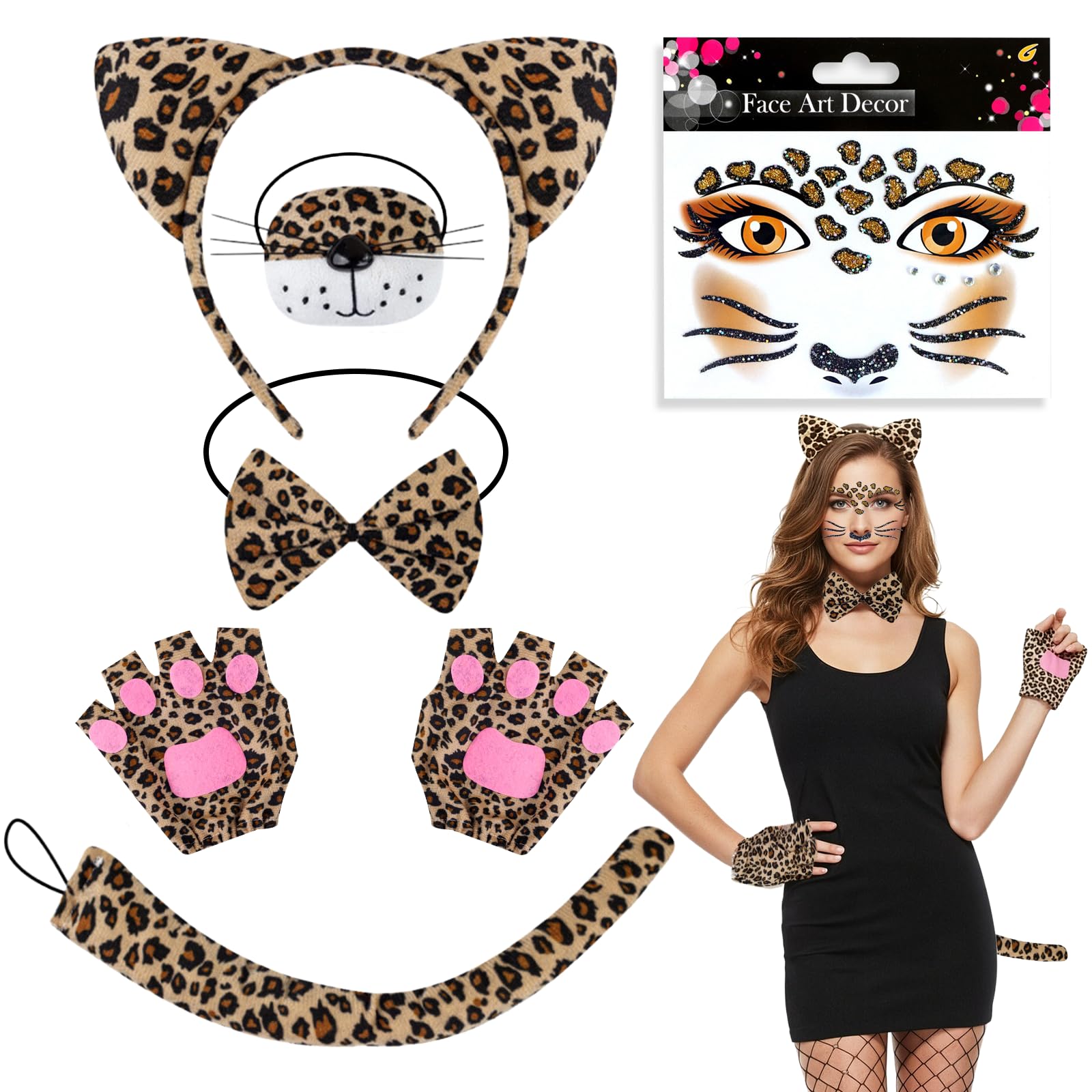 YAEGIMHT 6 Pcs Leopard Costume Set for Women Men, World Book Day Leopard Costumes with Leopard Ears Headband Tail Bow tie Nose Tattoo Gloves Animal Costume for Carnival Halloween Cosplay