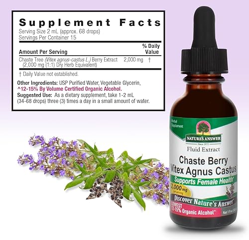 Miniatura 3 de Nature's Answer Chaste Berry Vitex Agnus Castus con alcohol orgánico 2000 mg de extracto de 1 onza  Promueve el equilibrio femenino  Sin gluten, sin
