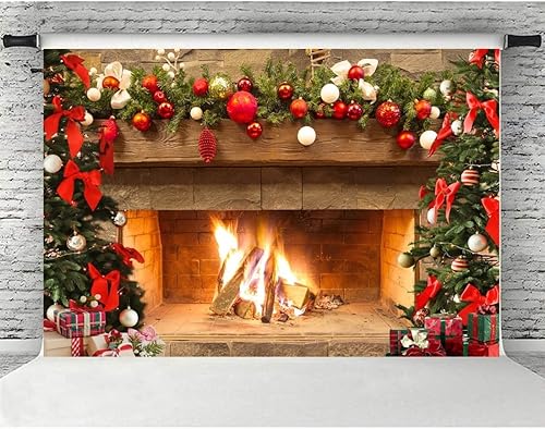 Miniatura 2 de Lofaris Telón de fondo de chimenea de Navidad de 5 x 3 pies, diseño vintage de árbol de fuego, medias rojas, regalos de fondo de fotografía de