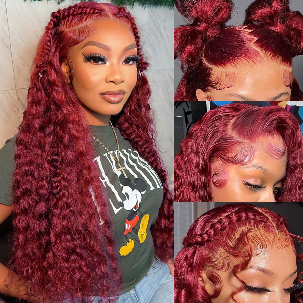 Hedy 99J Burgundy Deep Wave Lace Front Wigs Human Hair Pre Plucked Pre Bleached 180 Density 13x6 HD Lace Frontal Wig with Baby Hair 20inch Glueless Wine Red Wig