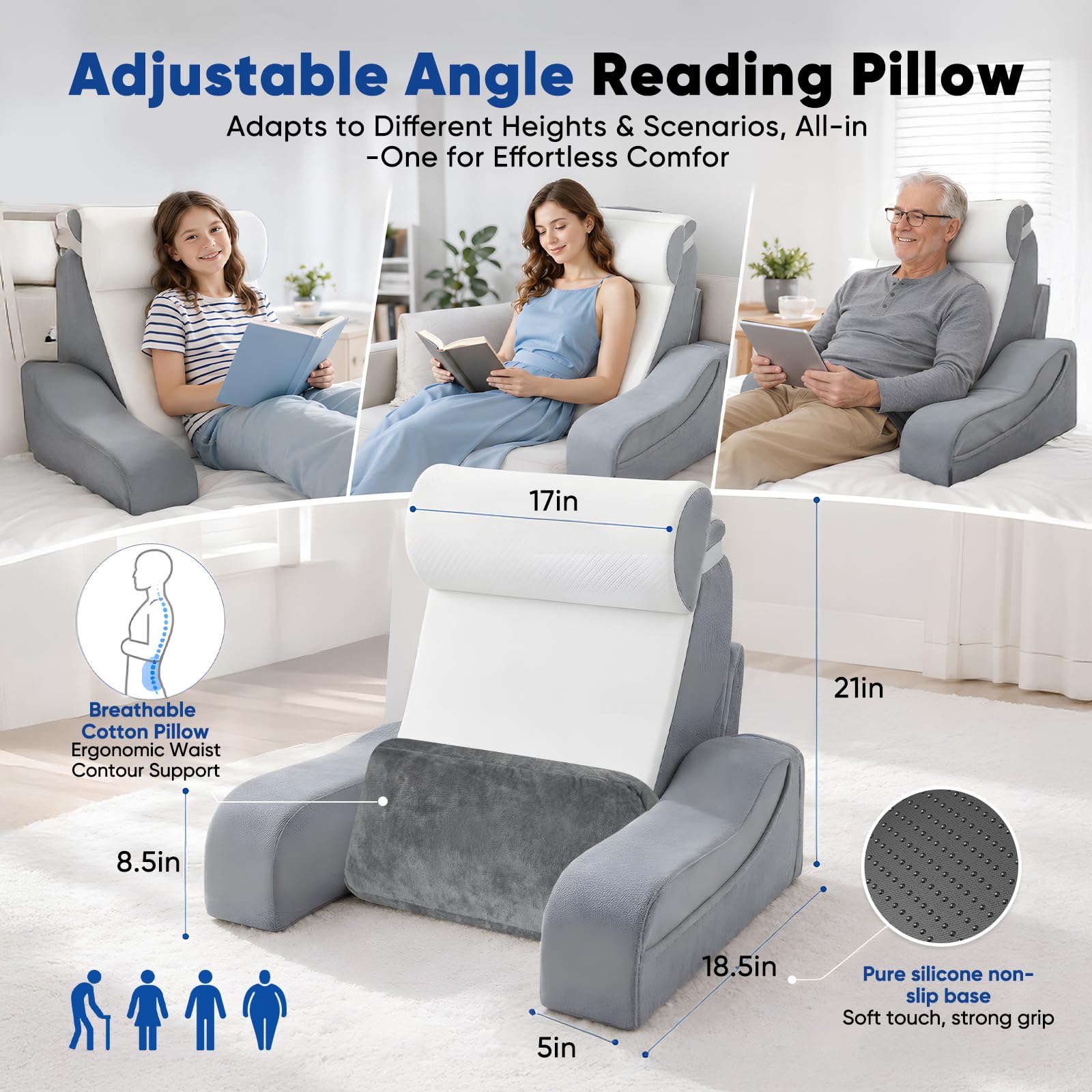 Lesekissen für Bett und Sofa, 30°/45°/ 90° Anpassung Rückenkissen mit Abnehmbarer Nackenrolle & Armlehnen, Bettkissen Rückenlehne, Rückenkissen Sofa zum Sitzen im Bett, Sofa, Lesen, Fernsehen