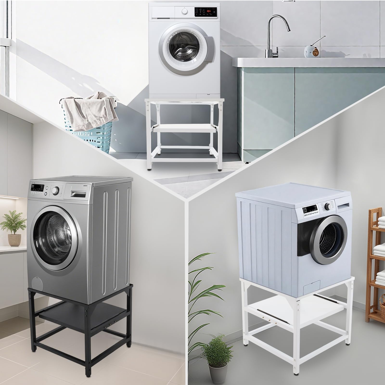 Soporte para lavadora, pedestal de metal con gran capacidad de carga de hasta 150 kg, práctica bandeja para accesorios para lavadora, secadora y nevera
