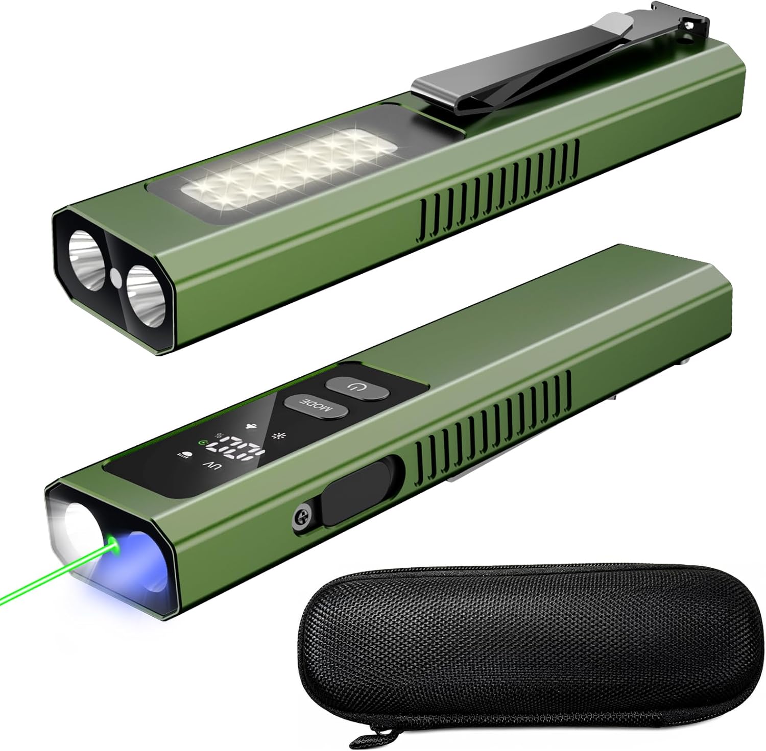 EDC Flashlight 4 in 1 Pocket Magnetic Slim Flat Flashlight High Lumens Work Light with Green Beam & UV Light & Warning Light Combo EDC Rechargeable LT-010 (Green)
