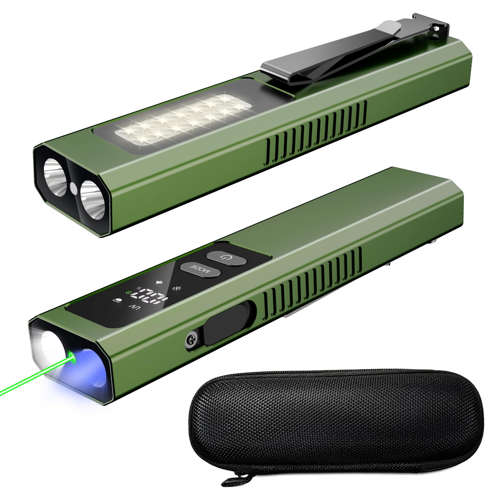 Linterna EDC 4 en 1 de bolsillo, magnética, delgada, plana, luz de trabajo con haz verde, luz UV y luz de advertencia, combo EDC recargable LT-010 (verde)