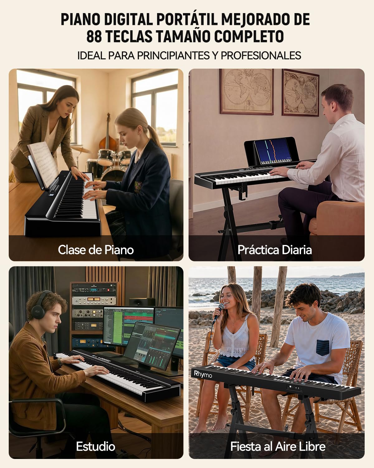 Teclado plegable de 88 teclas, Rhymo tamaño completo, portátil, semipesado, con 2 altavoces estéreo envolvente de 15 W, MIDI USB, Bluetooth, pedal de sostenimiento (Negro)