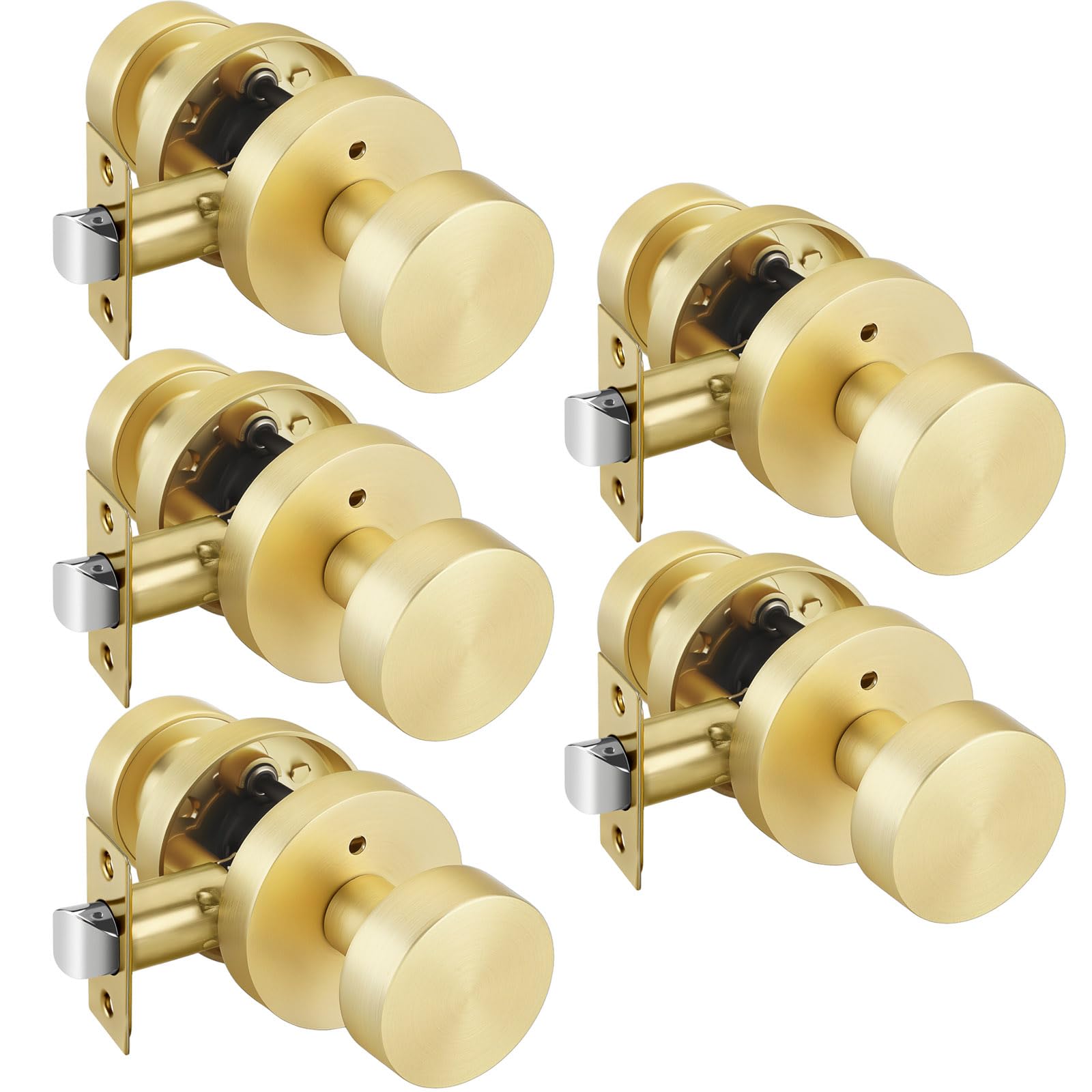 Goldenwarm Gold Door Knobs Interior Privacy, Zinc Alloy Keyless Brushed Gold Door Knobs for Bedroom Bathroom, Heavy Duty Interior Door Knob - Adjustable &amp; Reversible (5 Pack)