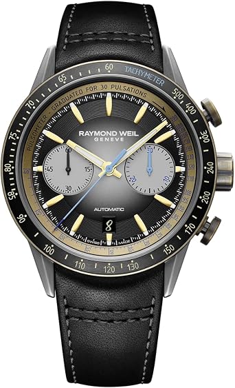 ساعة RAYMOND WEIL للرجال 7780-TB3-20423 Freelancer أوتوماتيكية كرونوغراف ثنائية الحجم من الجلد البرونزي والتيتانيوم