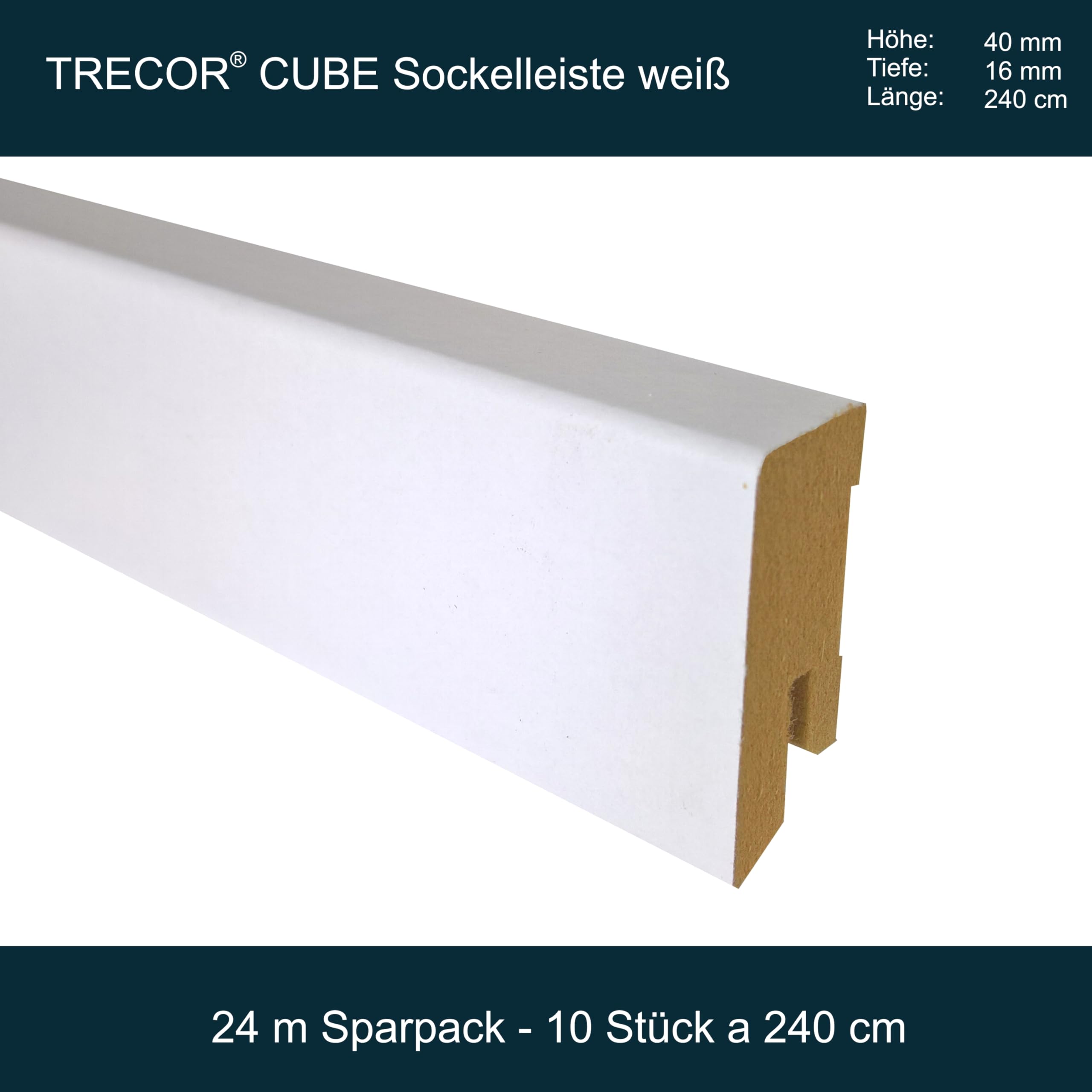 24 m Sockelleiste Weiß 40 mm Hoch CUBE Form 16 x 40 mm ✓Kabelkanal ✓weisse Oberfläche - MDF Trägermaterial Bodenleiste für Laminat - Sie kaufen 10 Stück x 2,4 m (24 m)