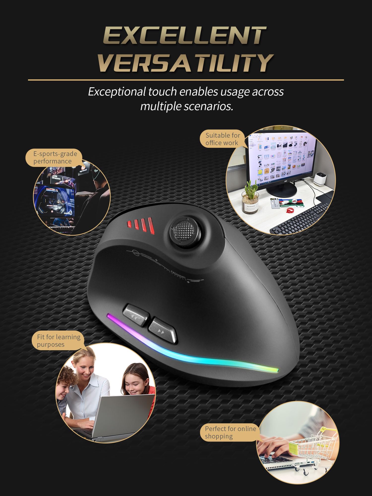TKMARS Souris Ergonomique sans Fil avec Joystick, Souris Bluetooth Gamer Verticale 12 Boutons Programmables 24000 DPI Réglables, Idéale pour Le Gaming, Le Bureau et Le Travail à Domicile